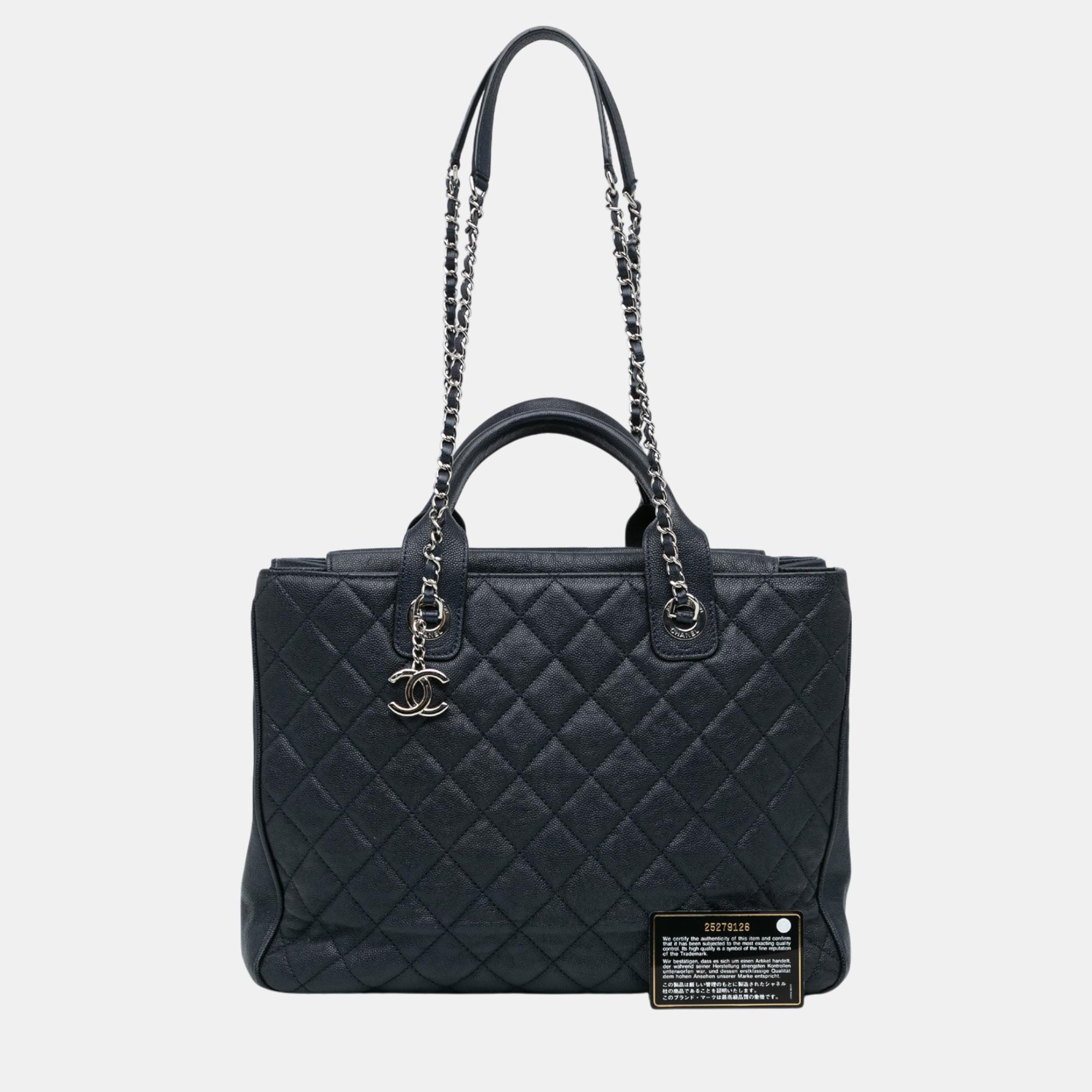 Chanel Navy Blue Large Quilted Caviar Urban Companion Tote