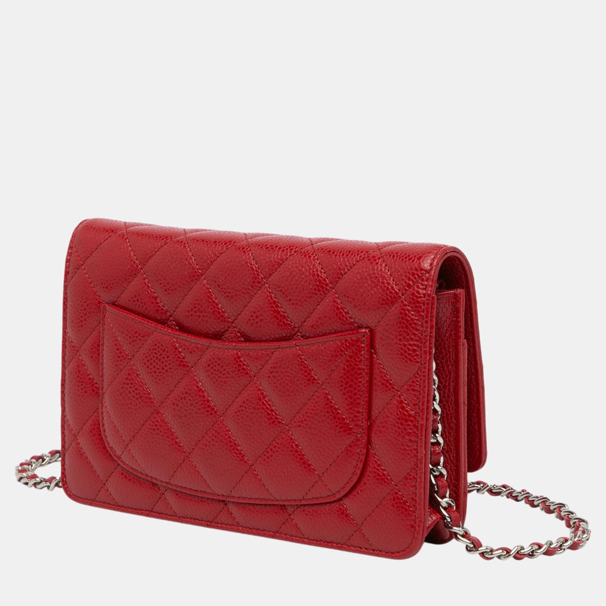 Chanel Red Classic Caviar Wallet On Chain