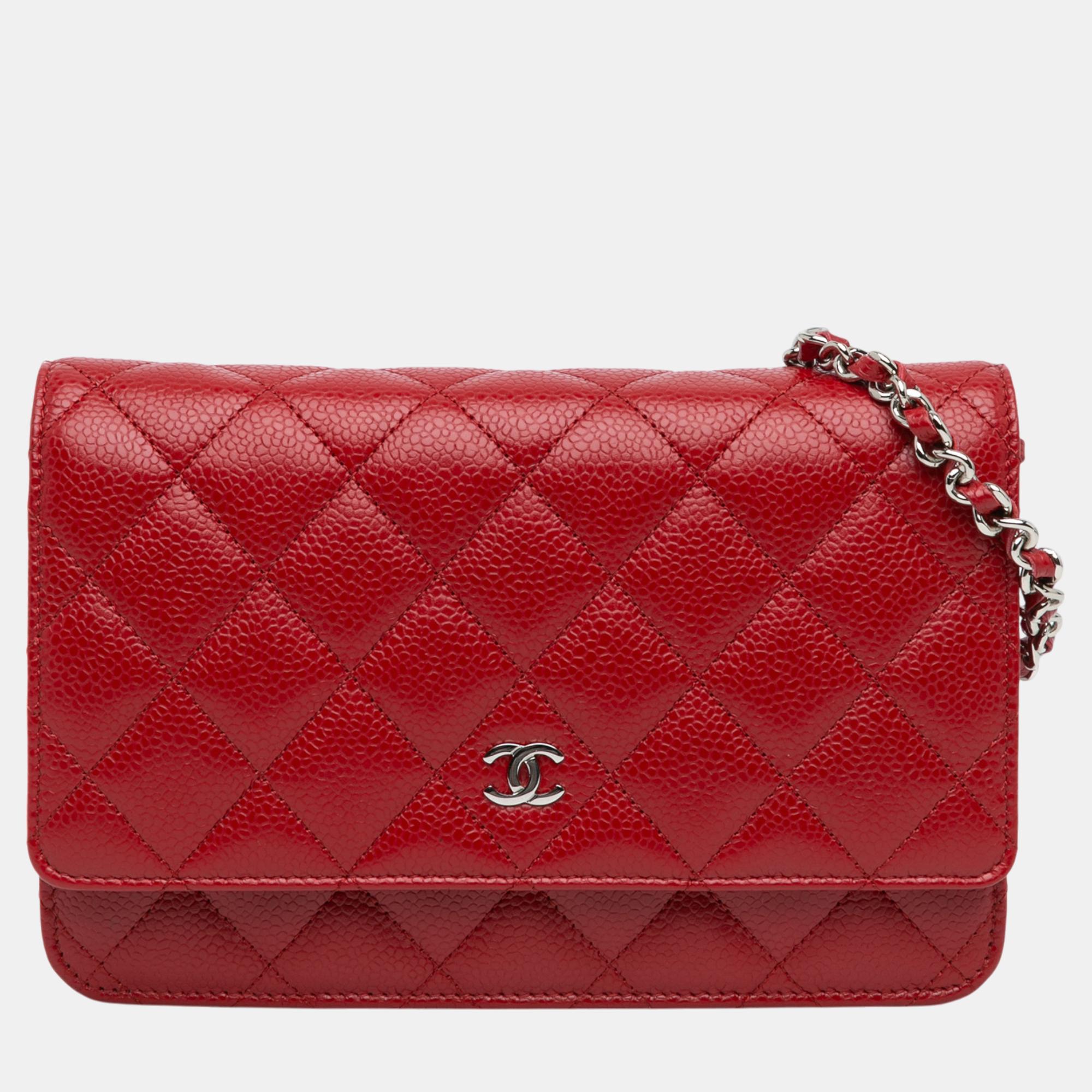 Chanel Red Classic Caviar Wallet On Chain