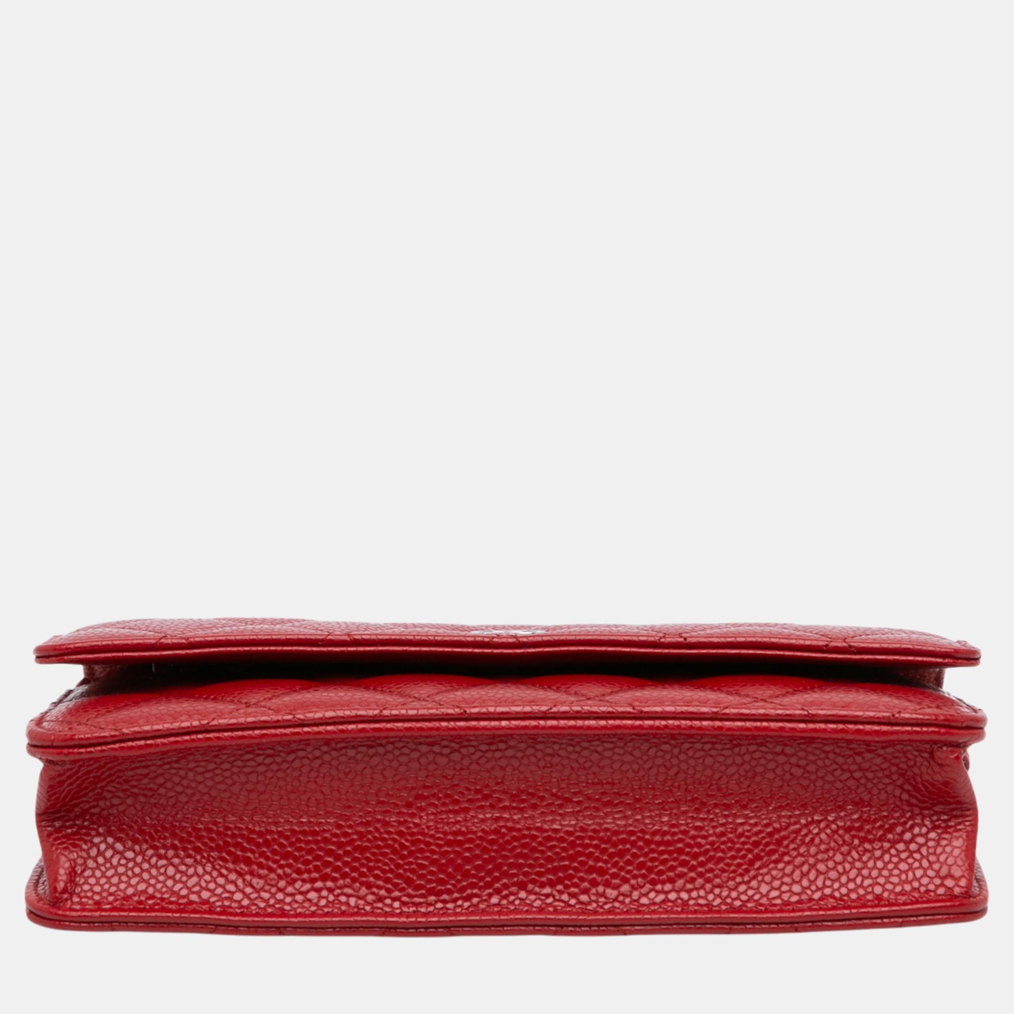 Chanel Red Classic Caviar Wallet On Chain