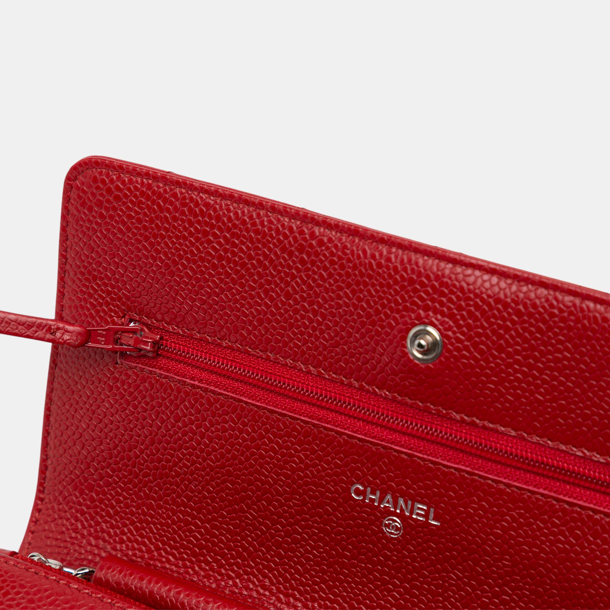 Chanel Red Classic Caviar Wallet On Chain