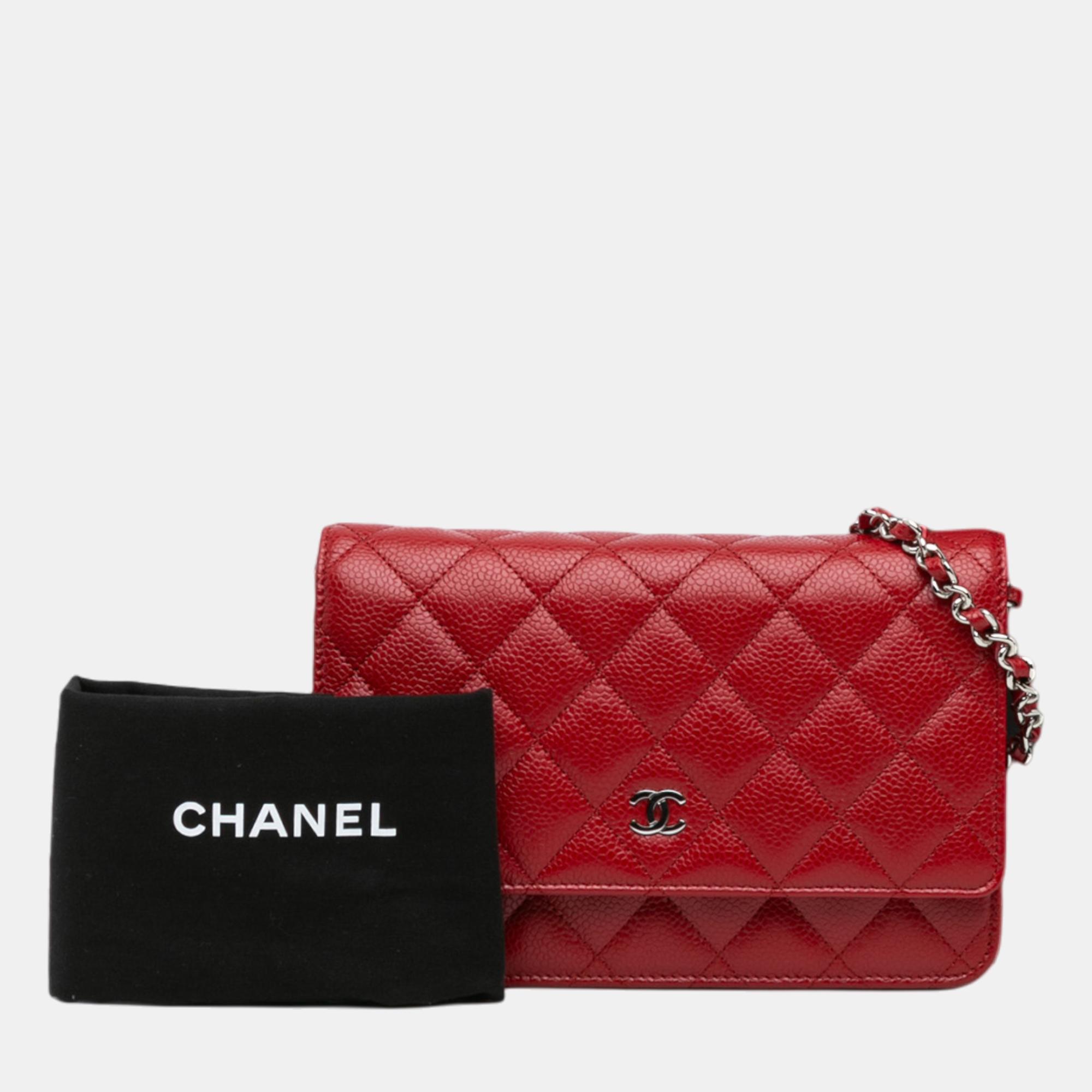 Chanel Red Classic Caviar Wallet On Chain