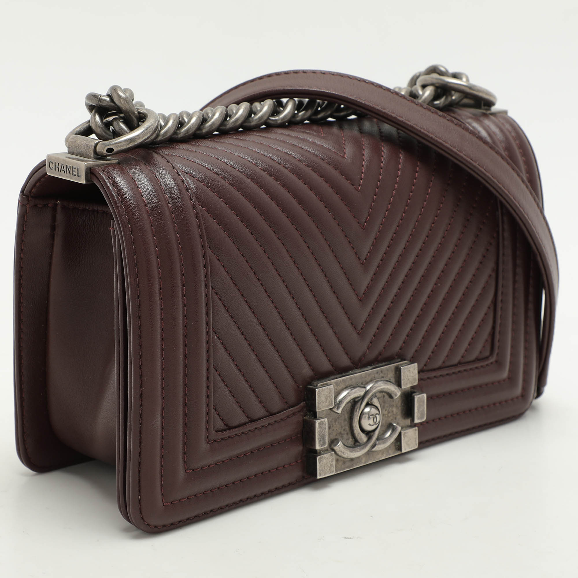 Chanel Burgundy Chevron Leather Small Boy Flap Bag