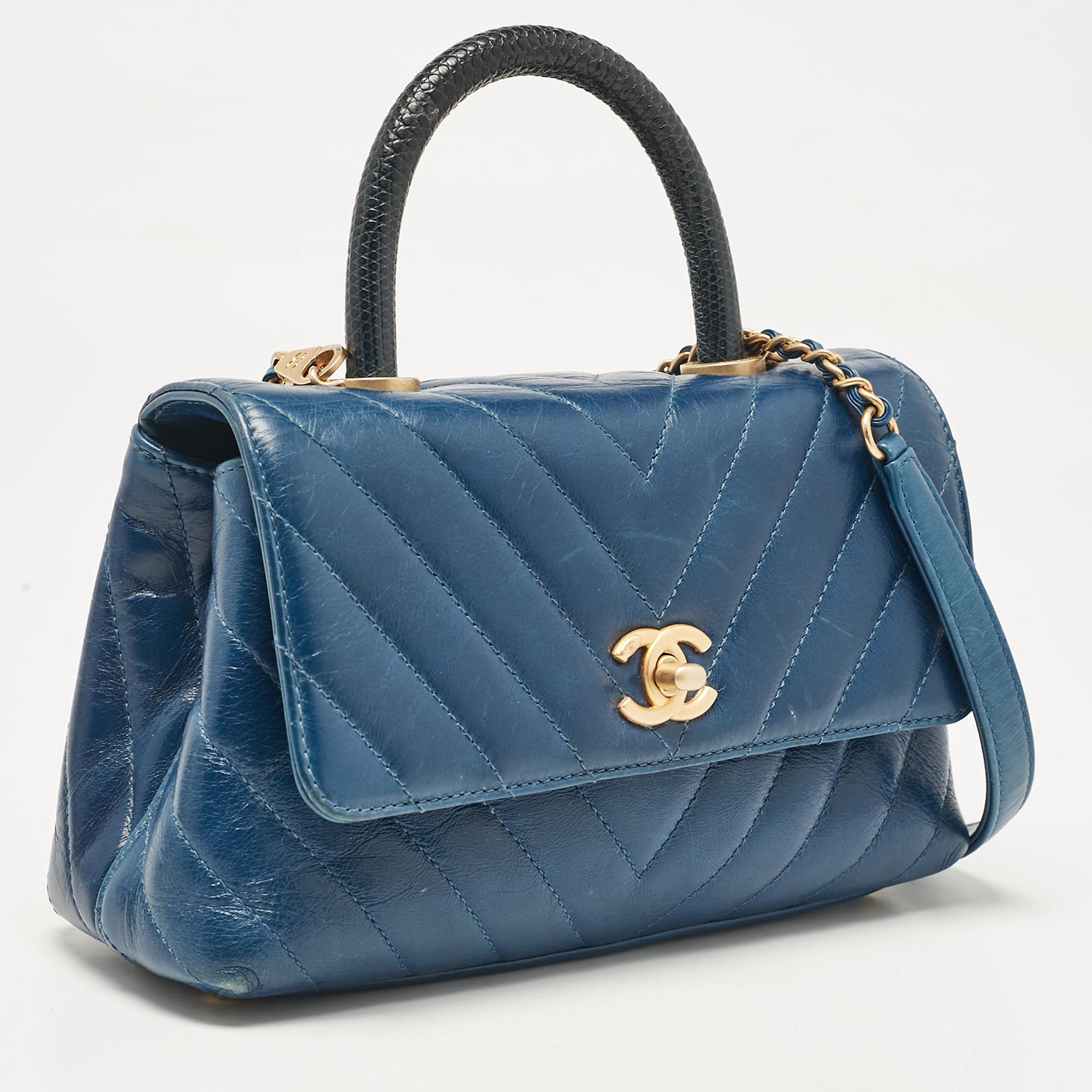 Chanel Blue Quilted Leather And Lizard Mini Coco Top Handle Bag