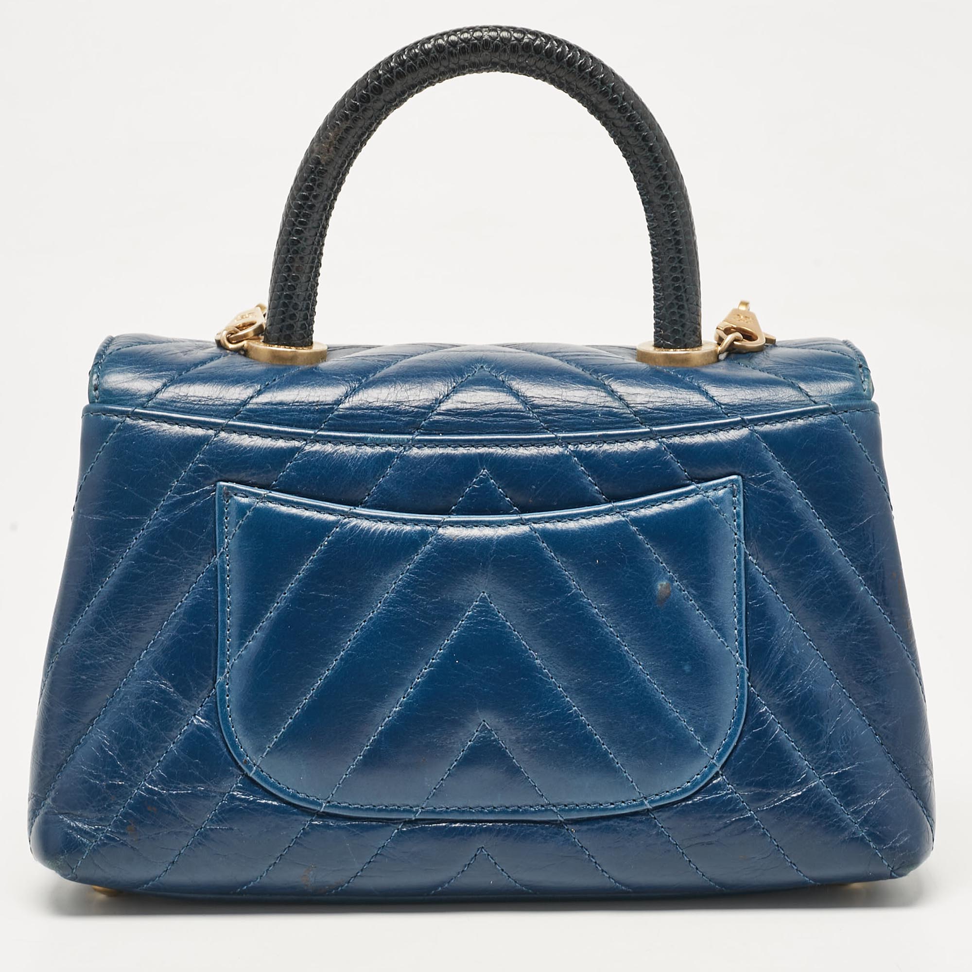 Chanel Blue Quilted Leather And Lizard Mini Coco Top Handle Bag