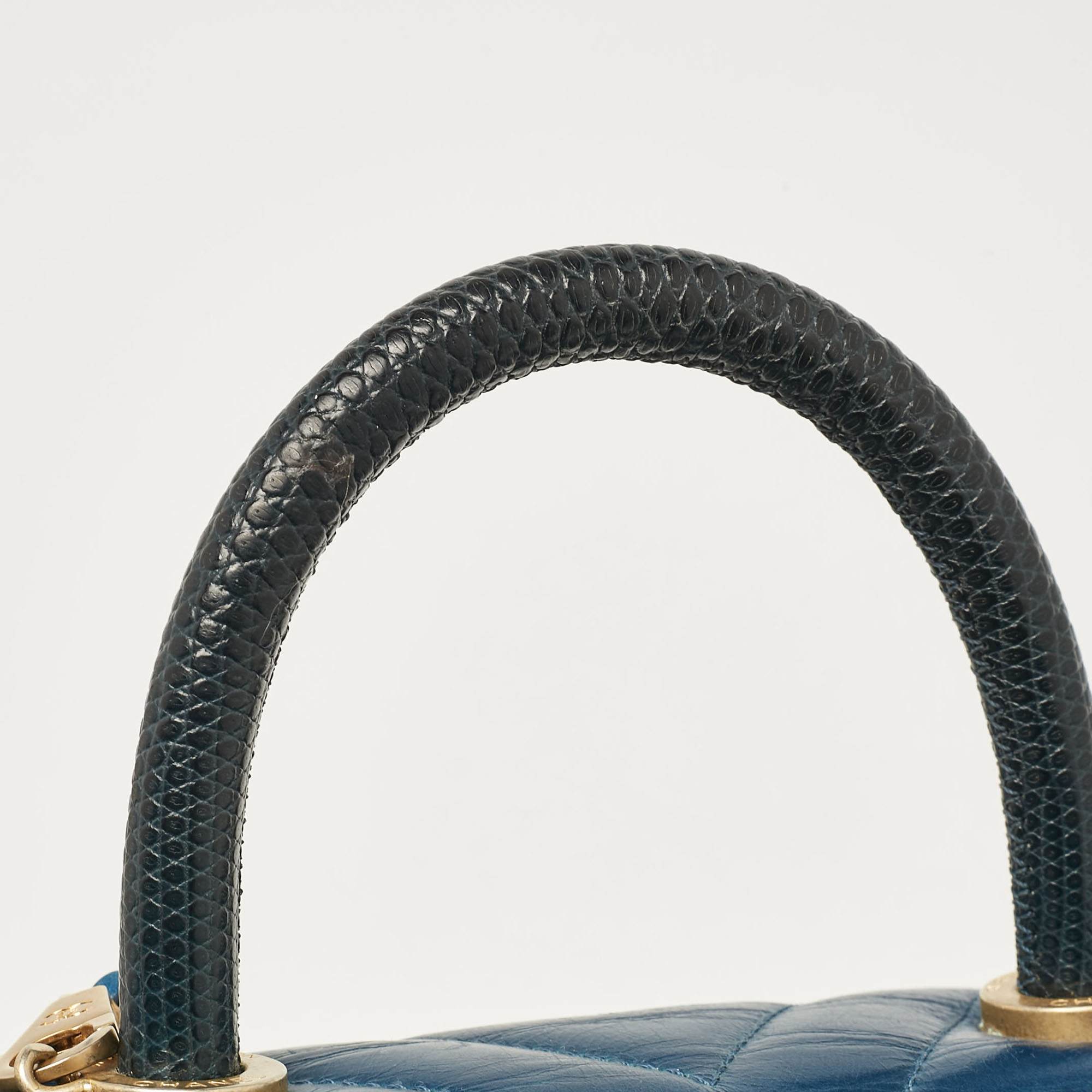 Chanel Blue Quilted Leather And Lizard Mini Coco Top Handle Bag