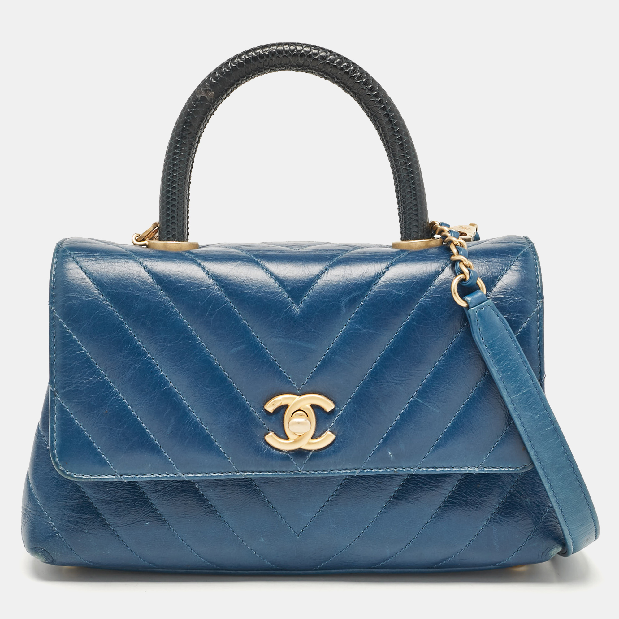 Chanel Blue Quilted Leather And Lizard Mini Coco Top Handle Bag