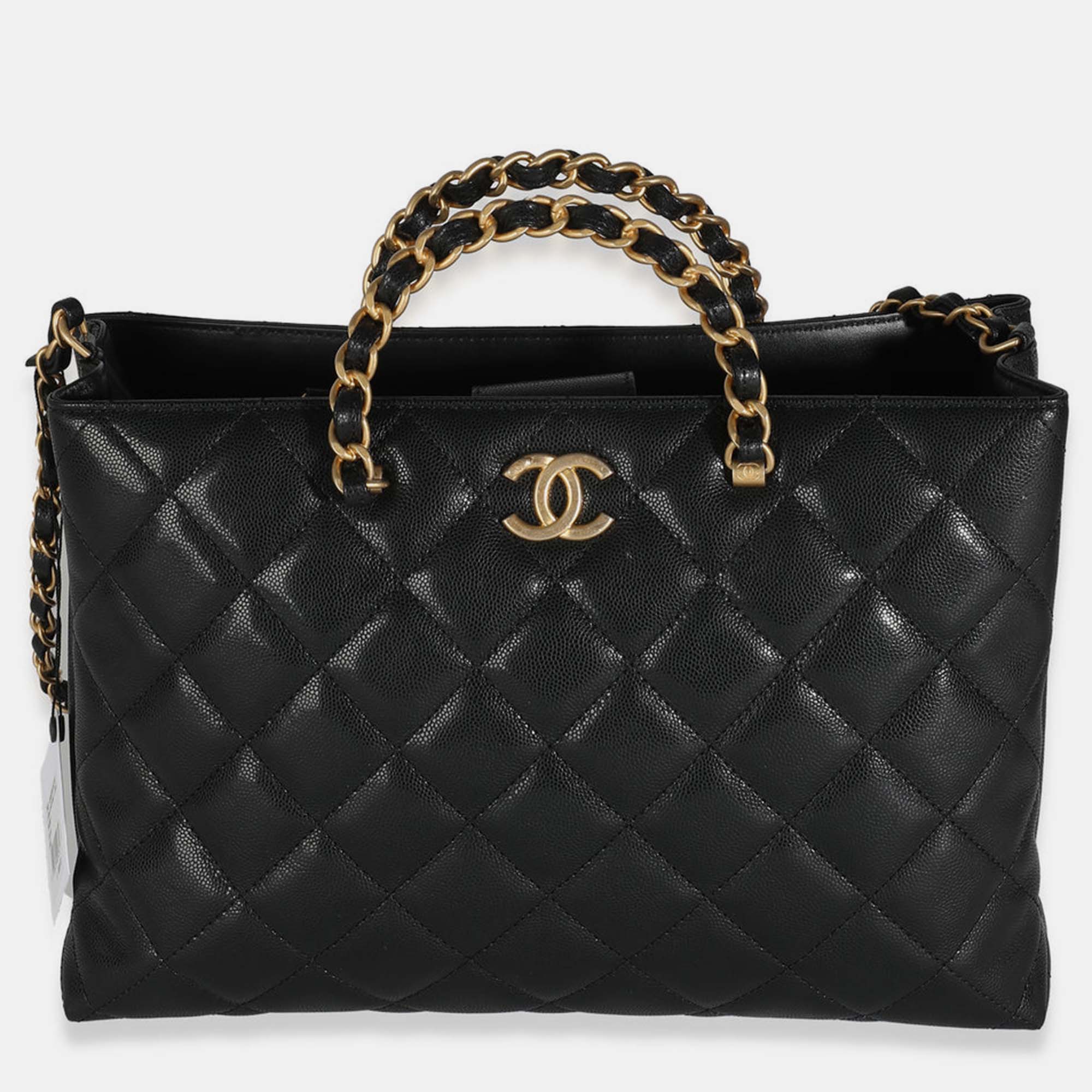 Chanel 24S Black Quilted  Small Metal Handle Shopping Bag