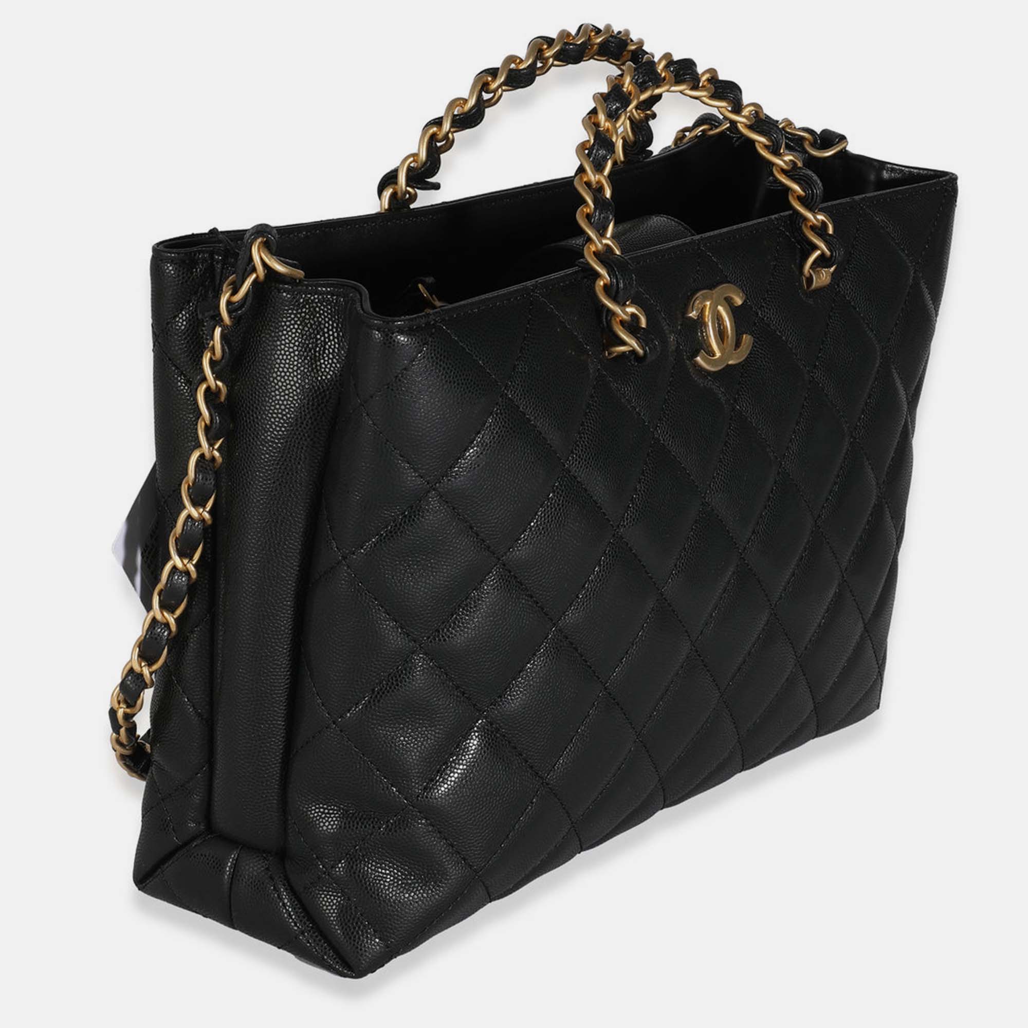 Chanel 24S Black Quilted  Small Metal Handle Shopping Bag