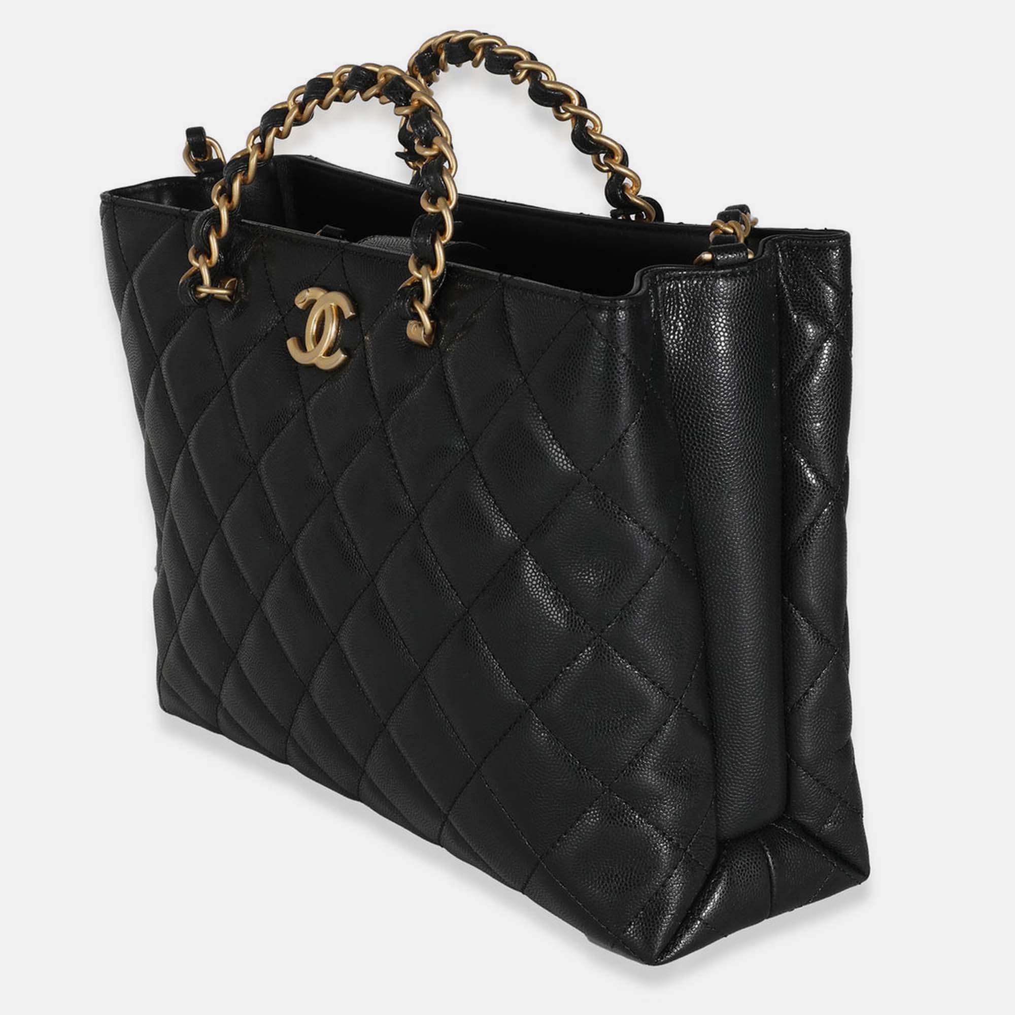 Chanel 24S Black Quilted  Small Metal Handle Shopping Bag