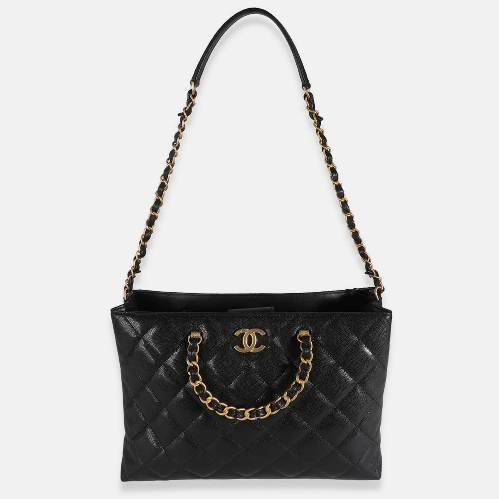 Chanel 24S Black Quilted  Small Metal Handle Shopping Bag