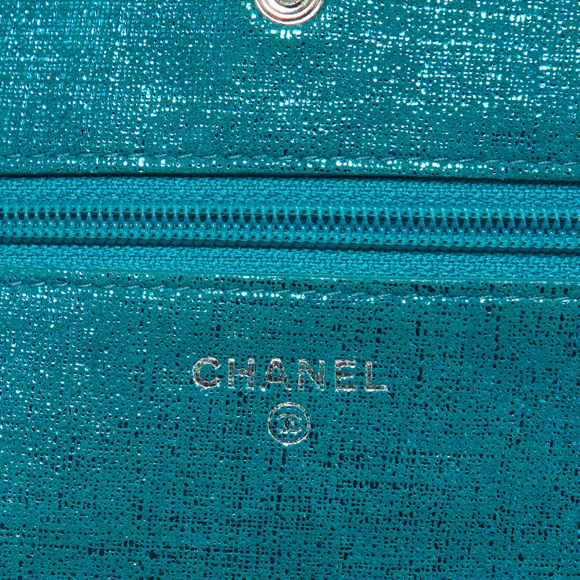 Chanel Metallic Turquoise Blue Suede Quilted CC Wallet On Chain