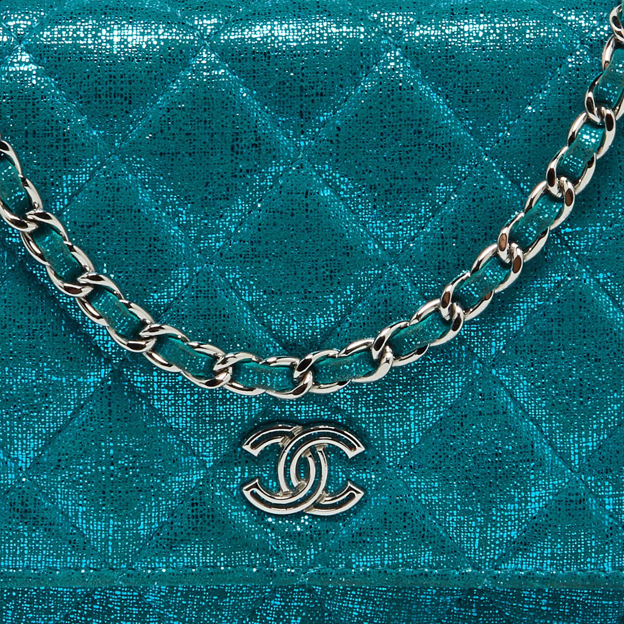 Chanel Metallic Turquoise Blue Suede Quilted CC Wallet On Chain