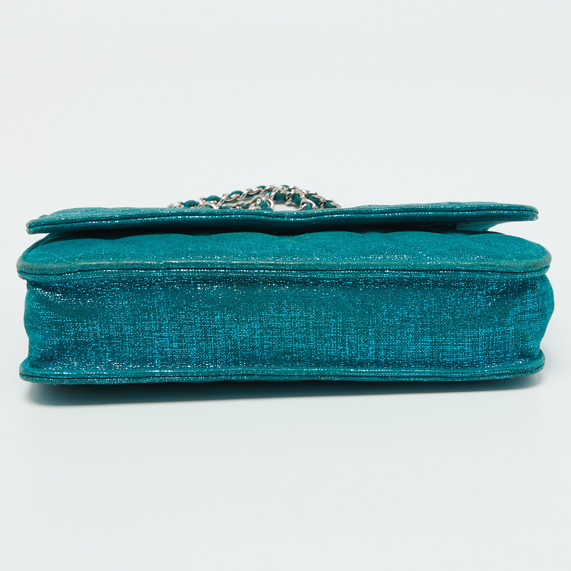 Chanel Metallic Turquoise Blue Suede Quilted CC Wallet On Chain