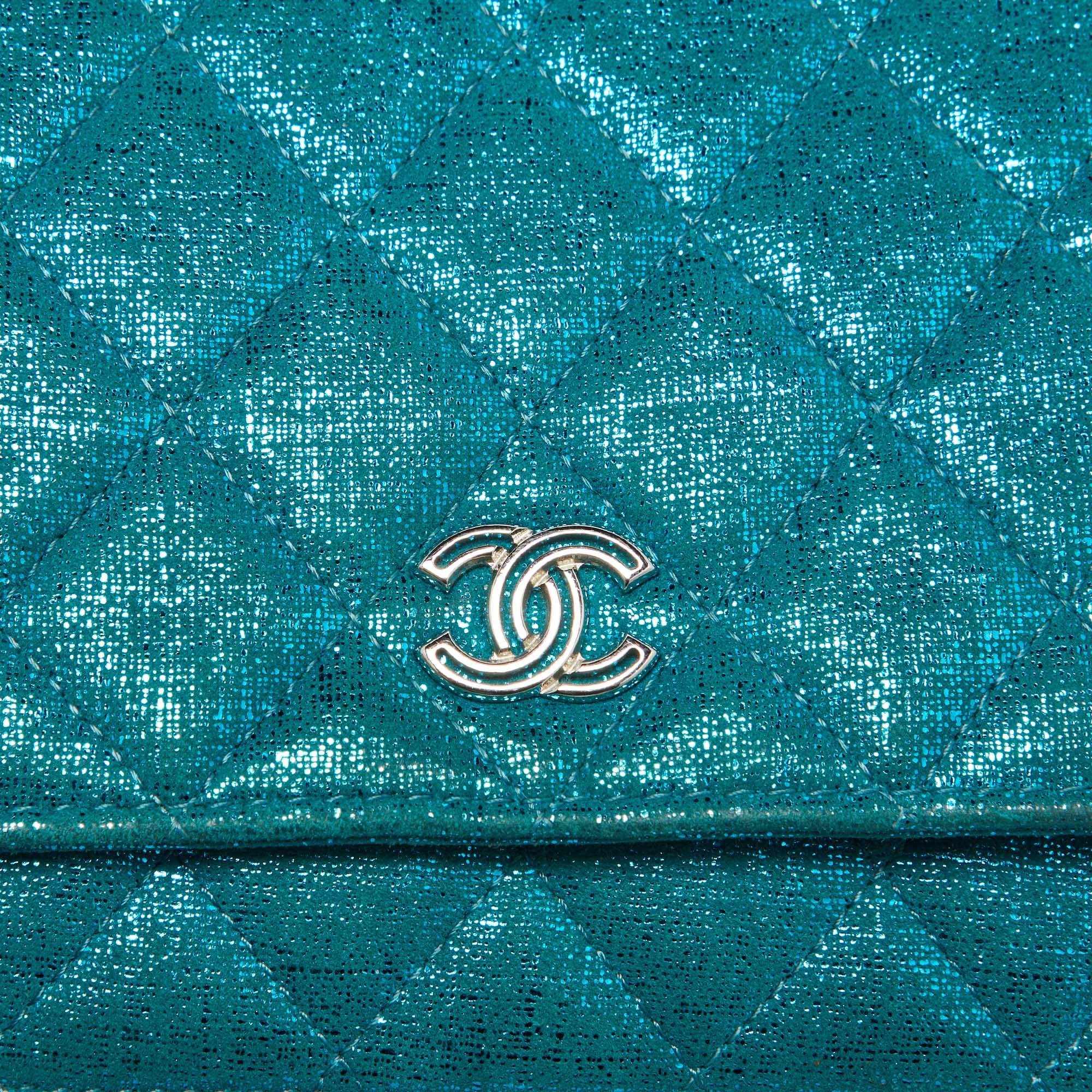 Chanel Metallic Turquoise Blue Suede Quilted CC Wallet On Chain