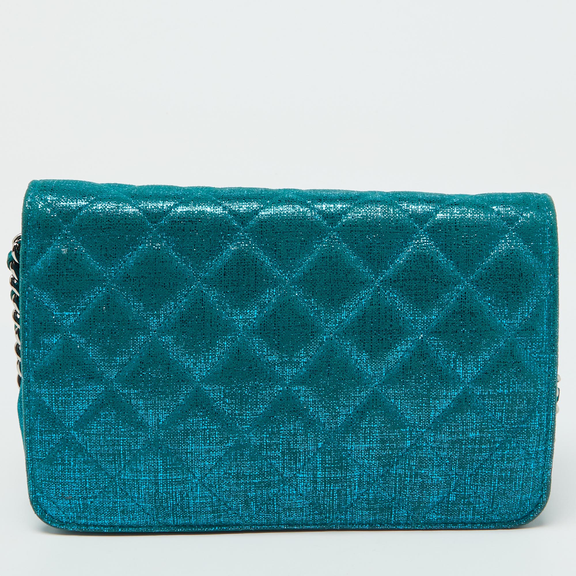 Chanel Metallic Turquoise Blue Suede Quilted CC Wallet On Chain