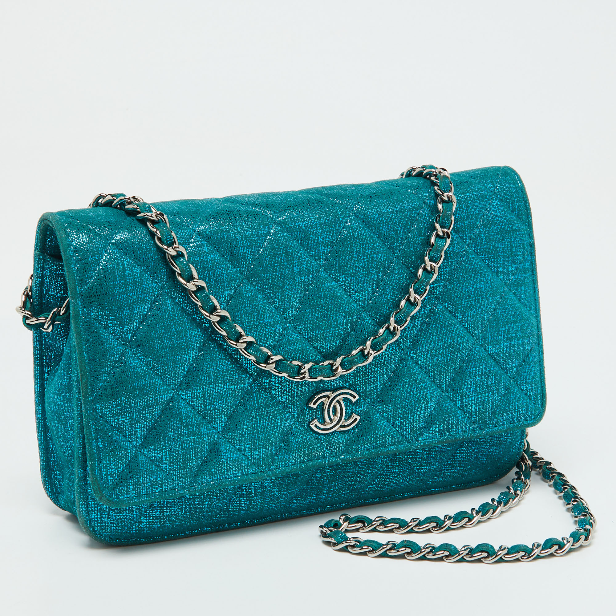 Chanel Metallic Turquoise Blue Suede Quilted CC Wallet On Chain