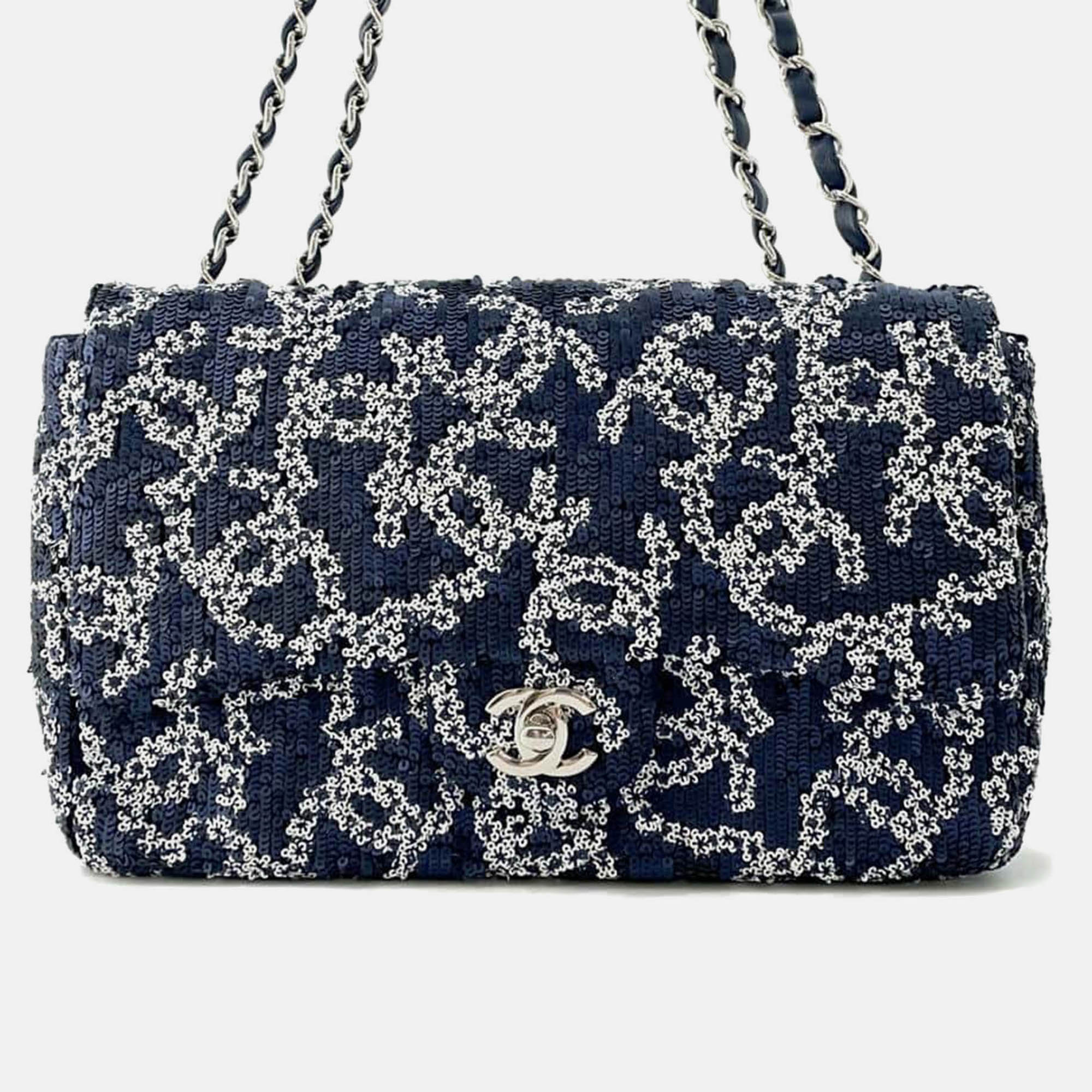 Chanel Navy/White Sequins CC Logo Chain Shoulder Bag Size 25