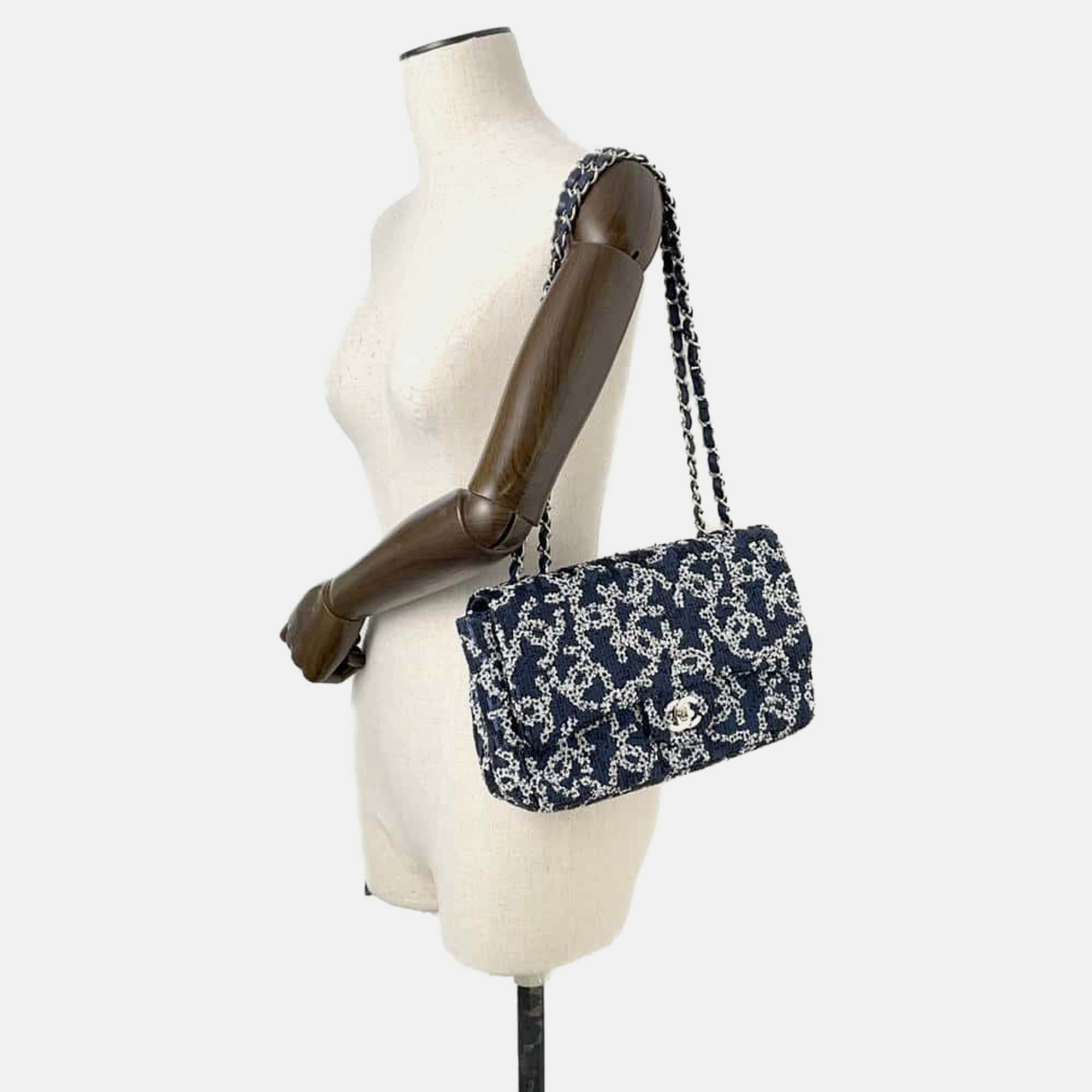 Chanel Navy/White Sequins CC Logo Chain Shoulder Bag Size 25