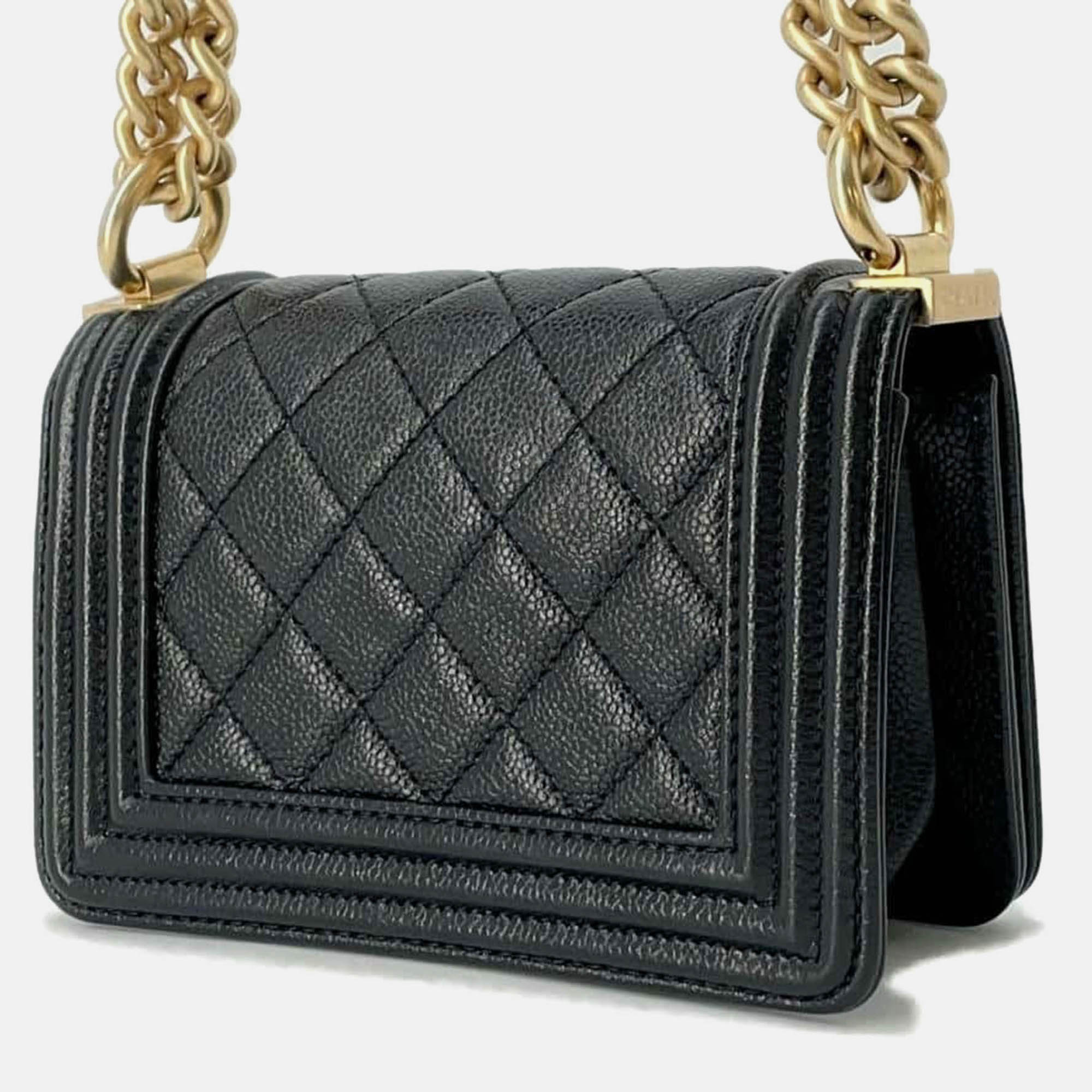 Chanel Black Caviar Leather Boy Chanel Chain Shoulder Bag Size Mini