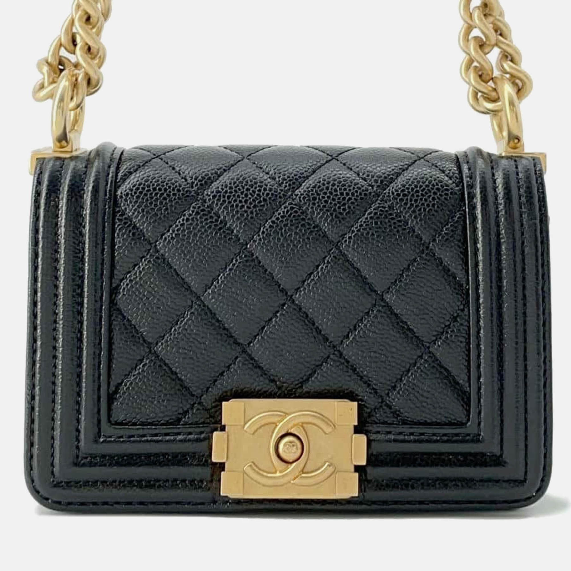 Chanel Black Caviar Leather Boy Chanel Chain Shoulder Bag Size Mini