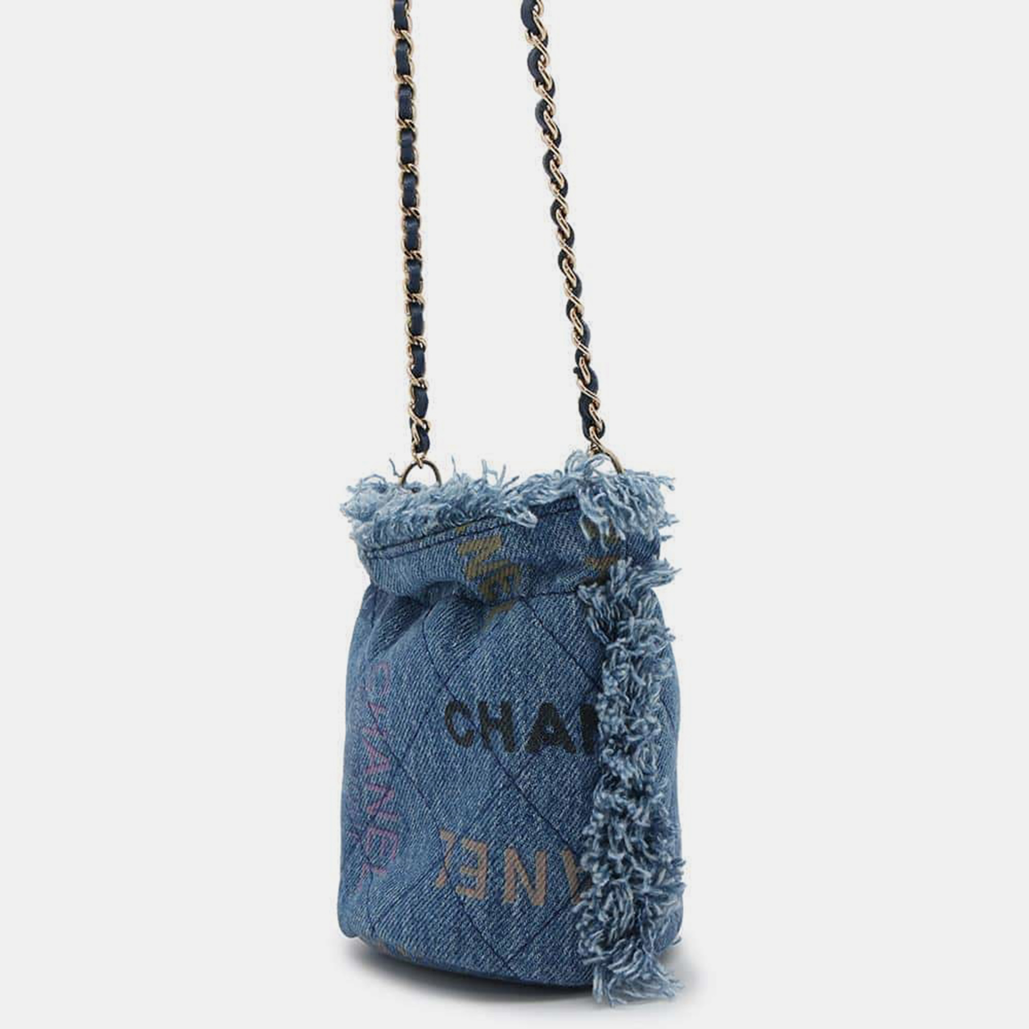 Chanel Blue Denim Leather Logo Mini Drawstring Shoulder Bag