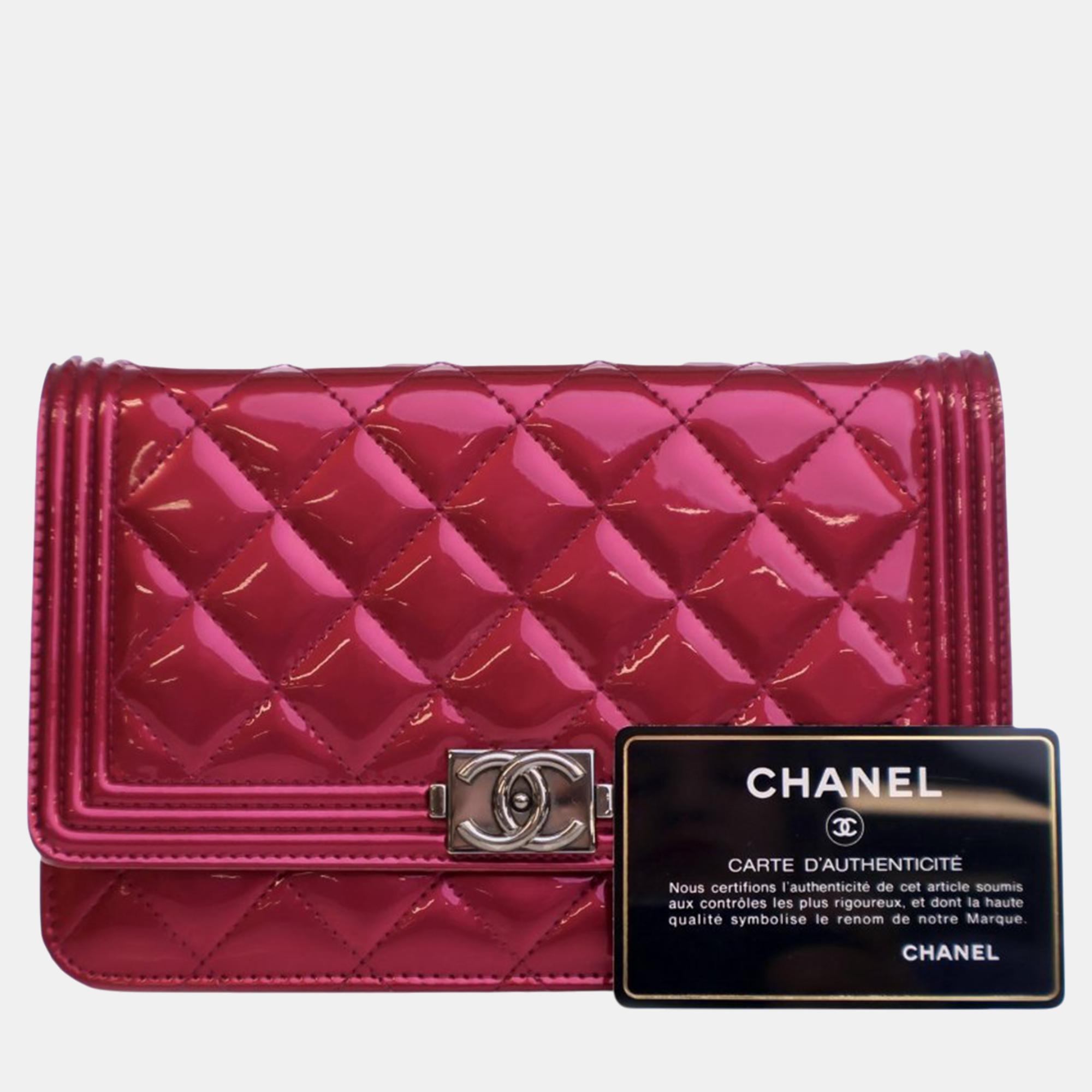 Chanel Pink Patent Boy Wallet On Chain