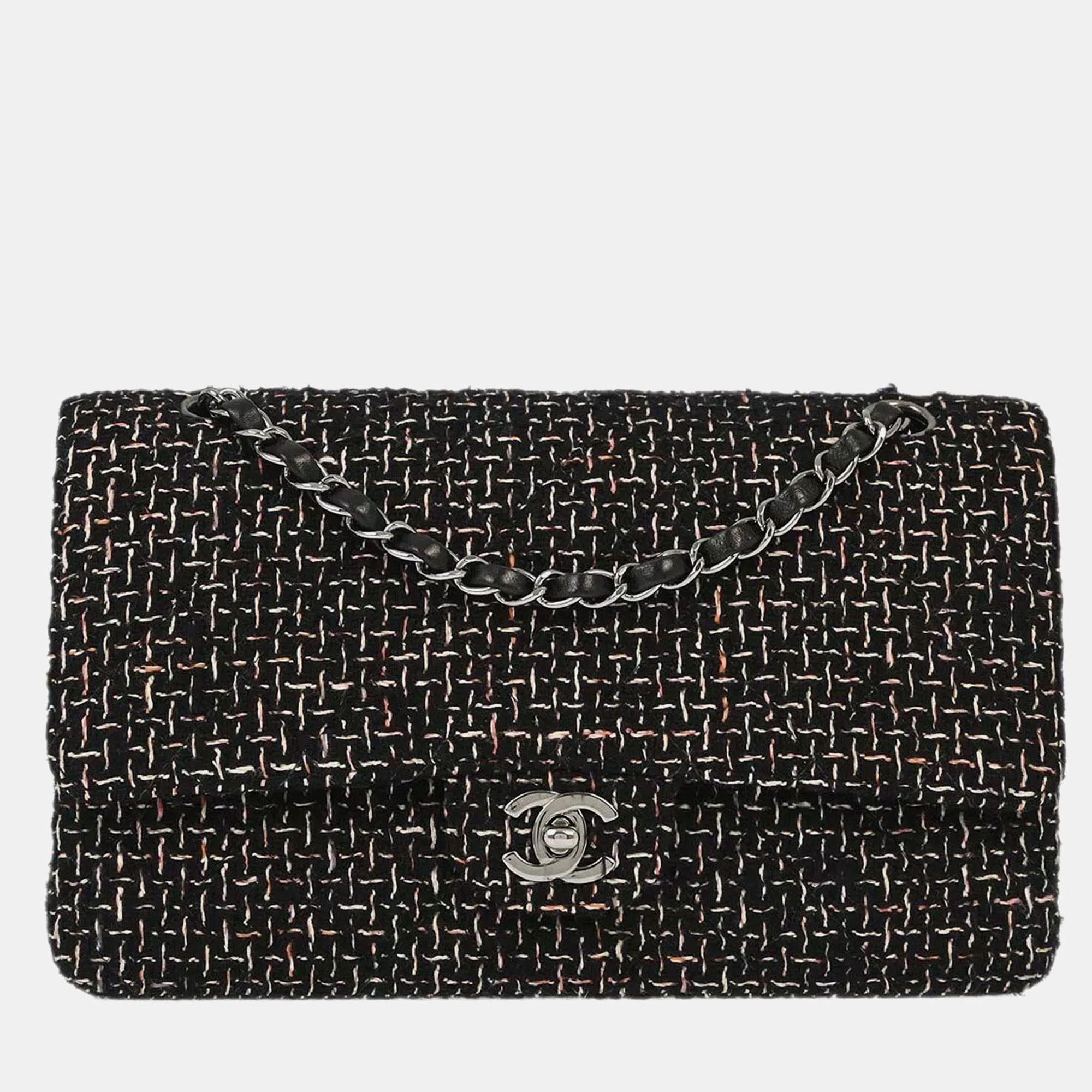 Chanel Black Tweed Medium Classic Double Flap Shoulder Bag