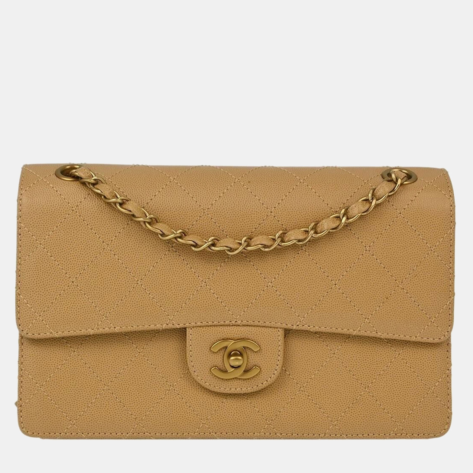 Chanel Beige Calfskin Medium Classic Single Flap Shoulder Bag