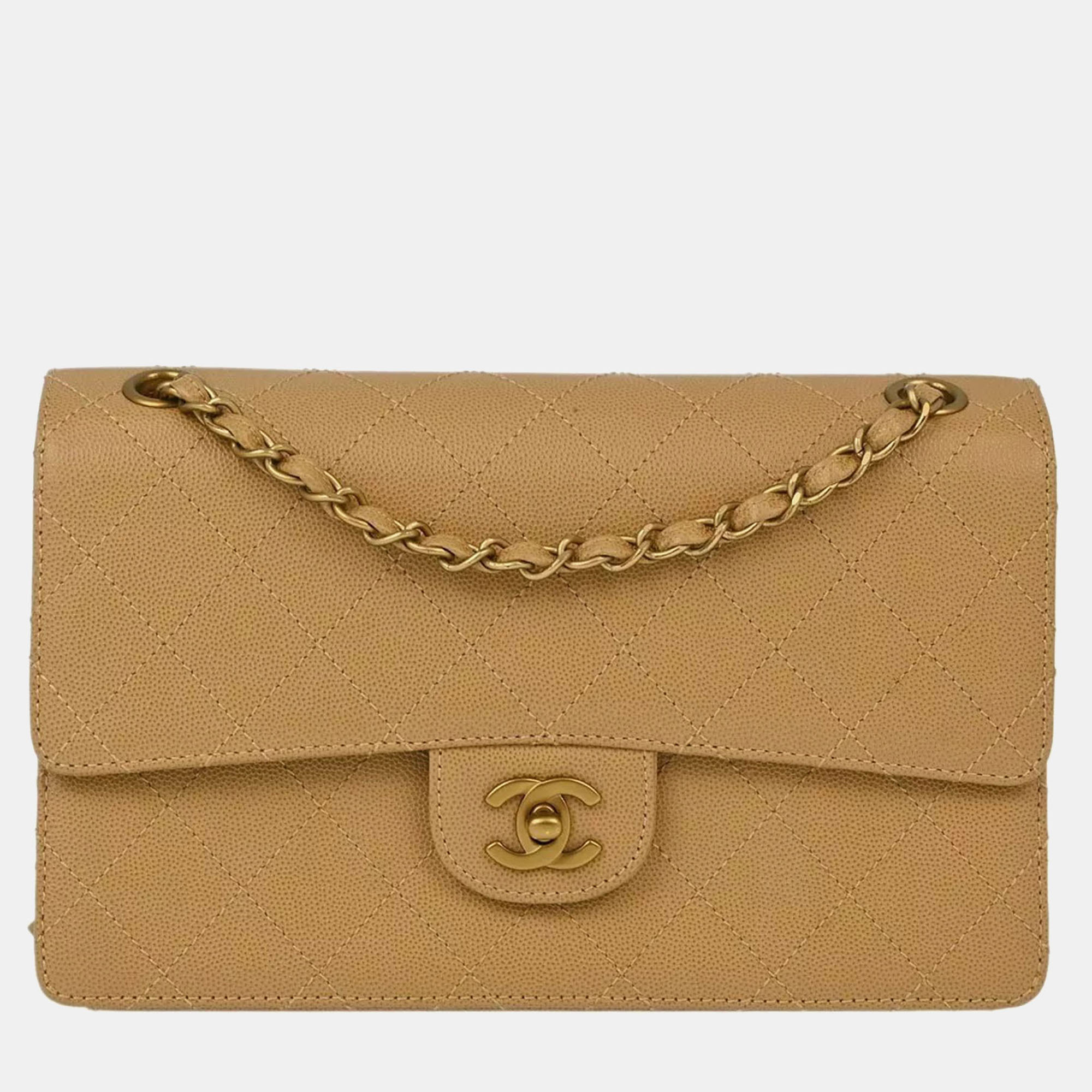 Chanel Beige Calfskin Medium Classic Single Flap Shoulder Bag