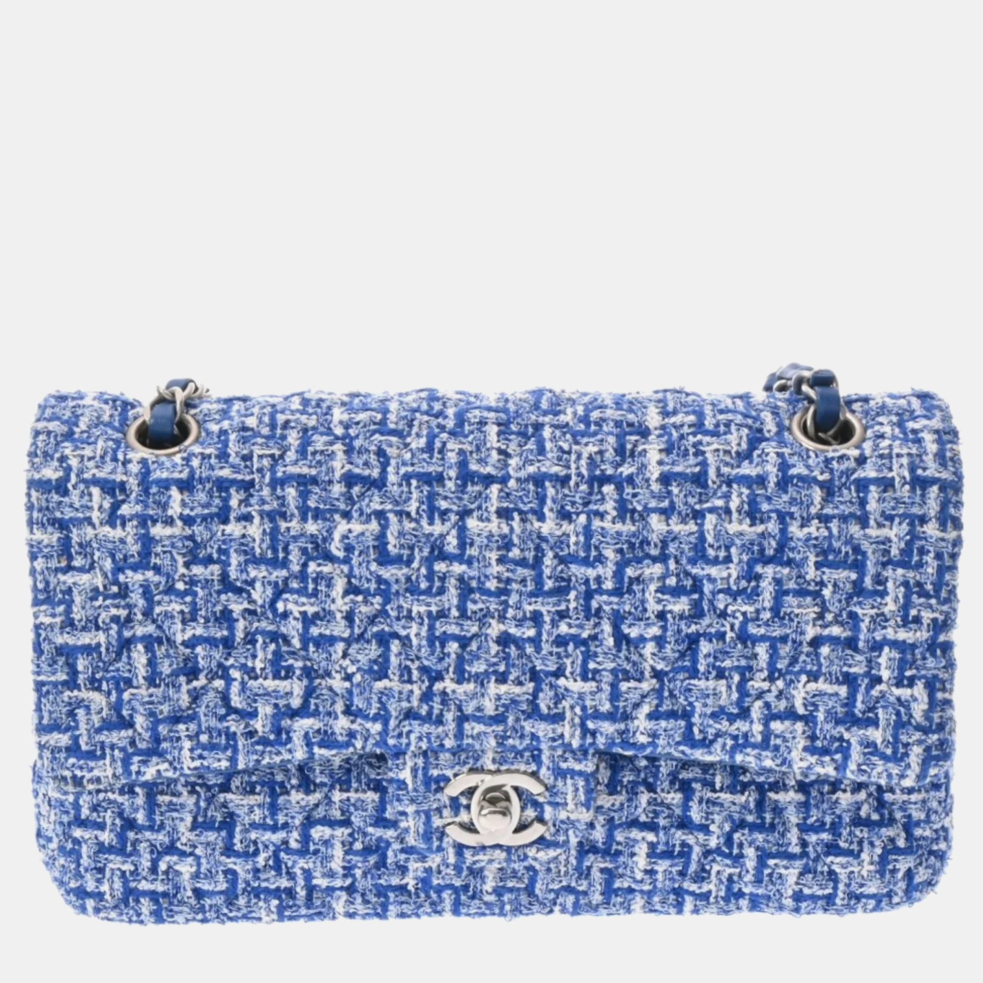 Chanel Blue Tweed Matelasse Chain Shoulder Double Flap 25 Cm Bag