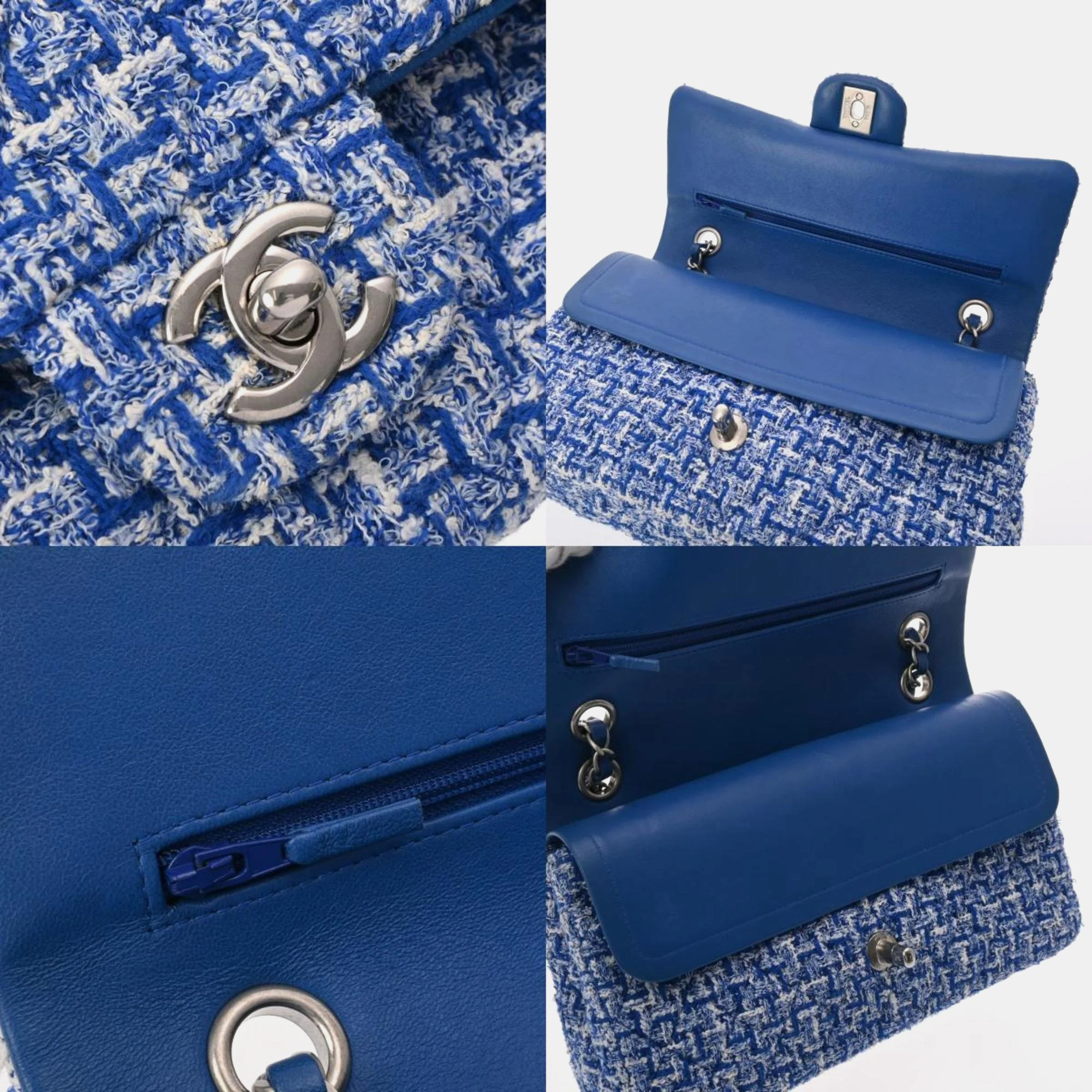 Chanel Blue Tweed Matelasse Chain Shoulder Double Flap 25 Cm Bag