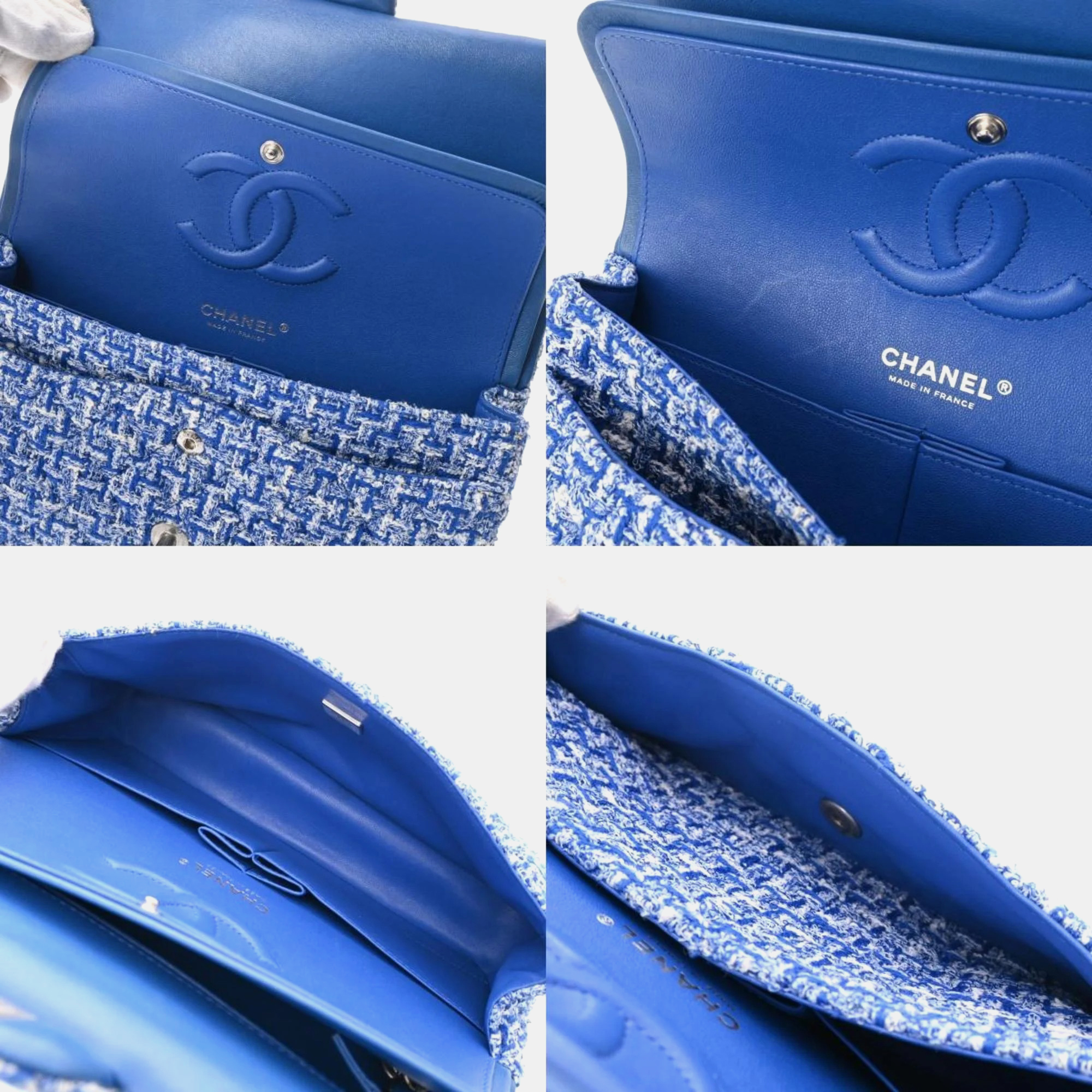 Chanel Blue Tweed Matelasse Chain Shoulder Double Flap 25 Cm Bag