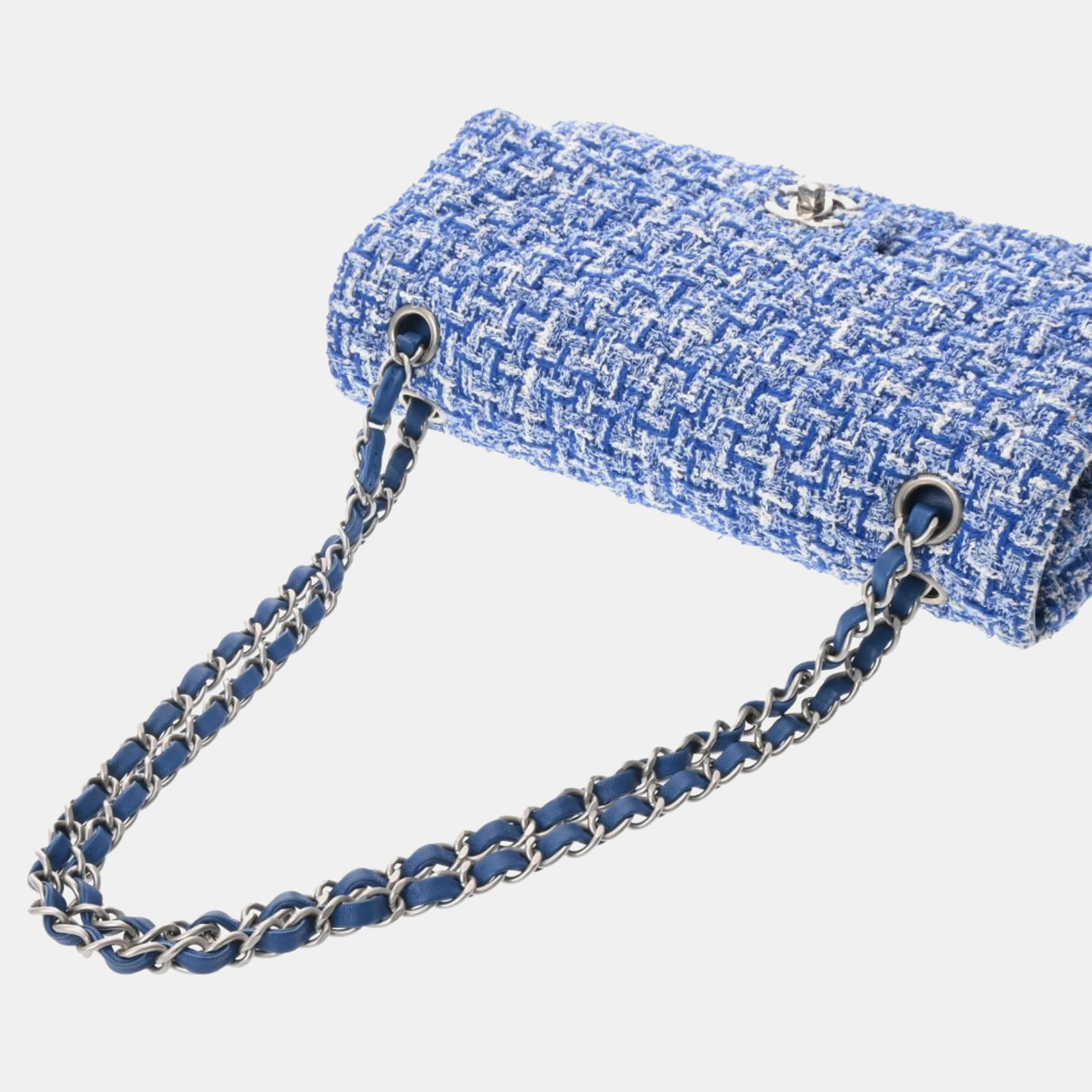 Chanel Blue Tweed Matelasse Chain Shoulder Double Flap 25 Cm Bag