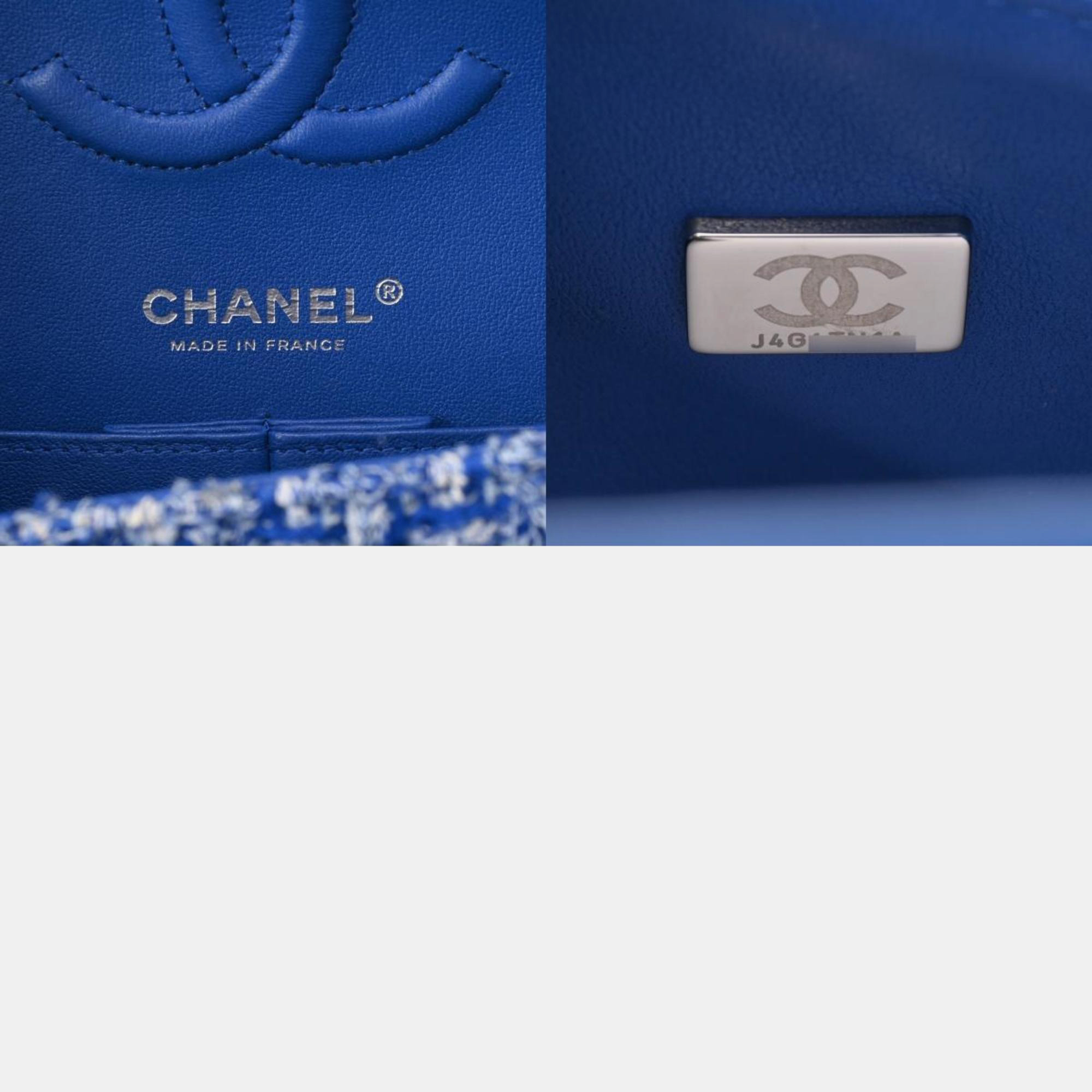 Chanel Blue Tweed Matelasse Chain Shoulder Double Flap 25 Cm Bag