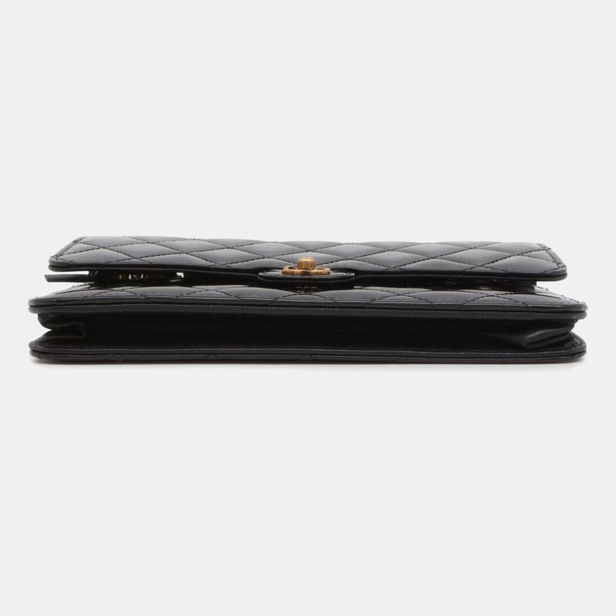 Chanel Black Matelasse Coco Mark Patent Chain Wallet