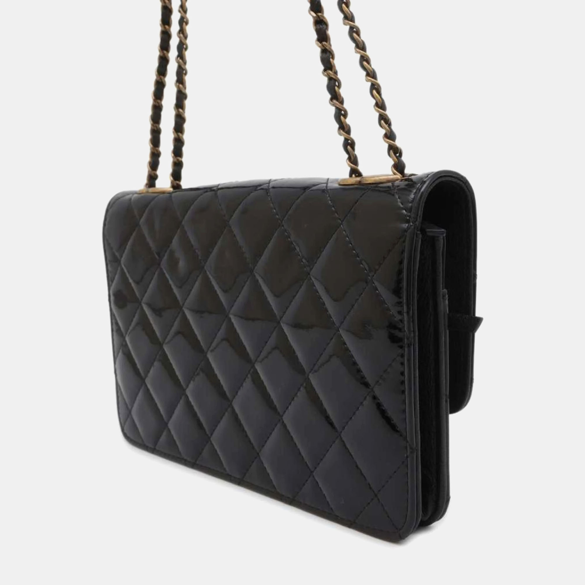 Chanel Black Matelasse Coco Mark Patent Chain Wallet