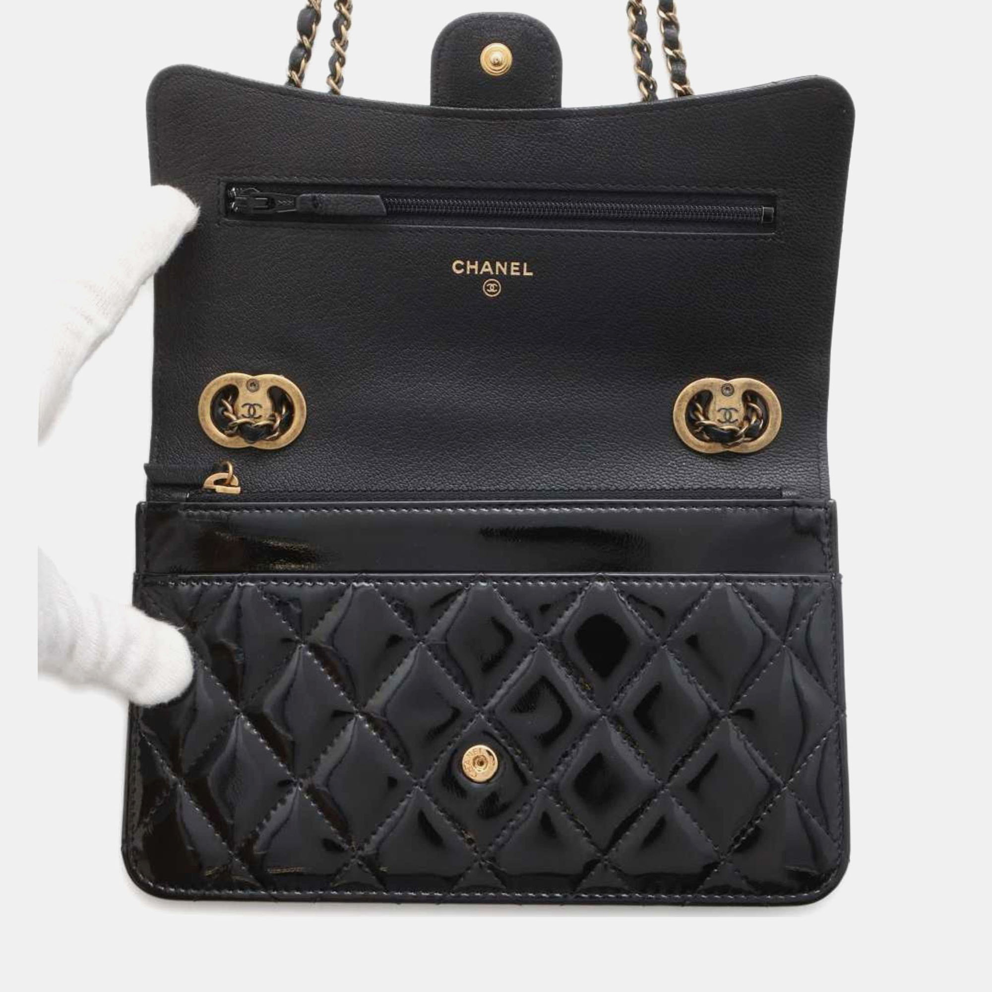 Chanel Black Matelasse Coco Mark Patent Chain Wallet