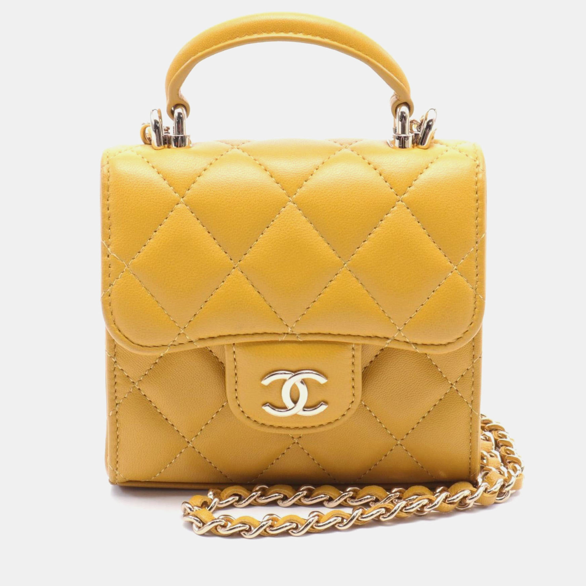 Chanel Leather Yellow Matelasse Chain Clutch Shoulder Bag