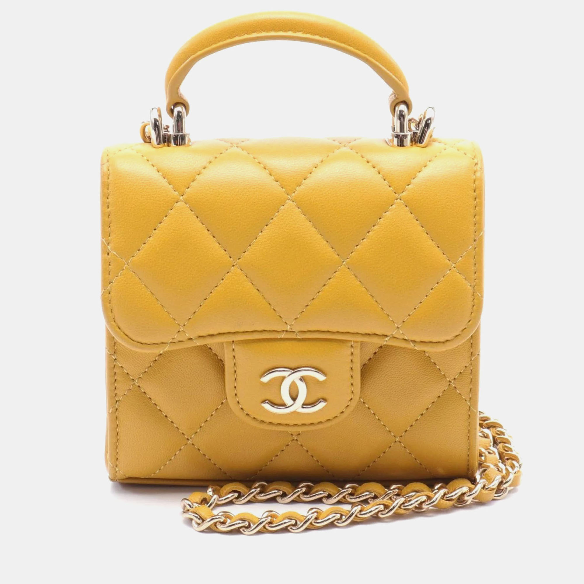 Chanel Leather Yellow Matelasse Chain Clutch Shoulder Bag