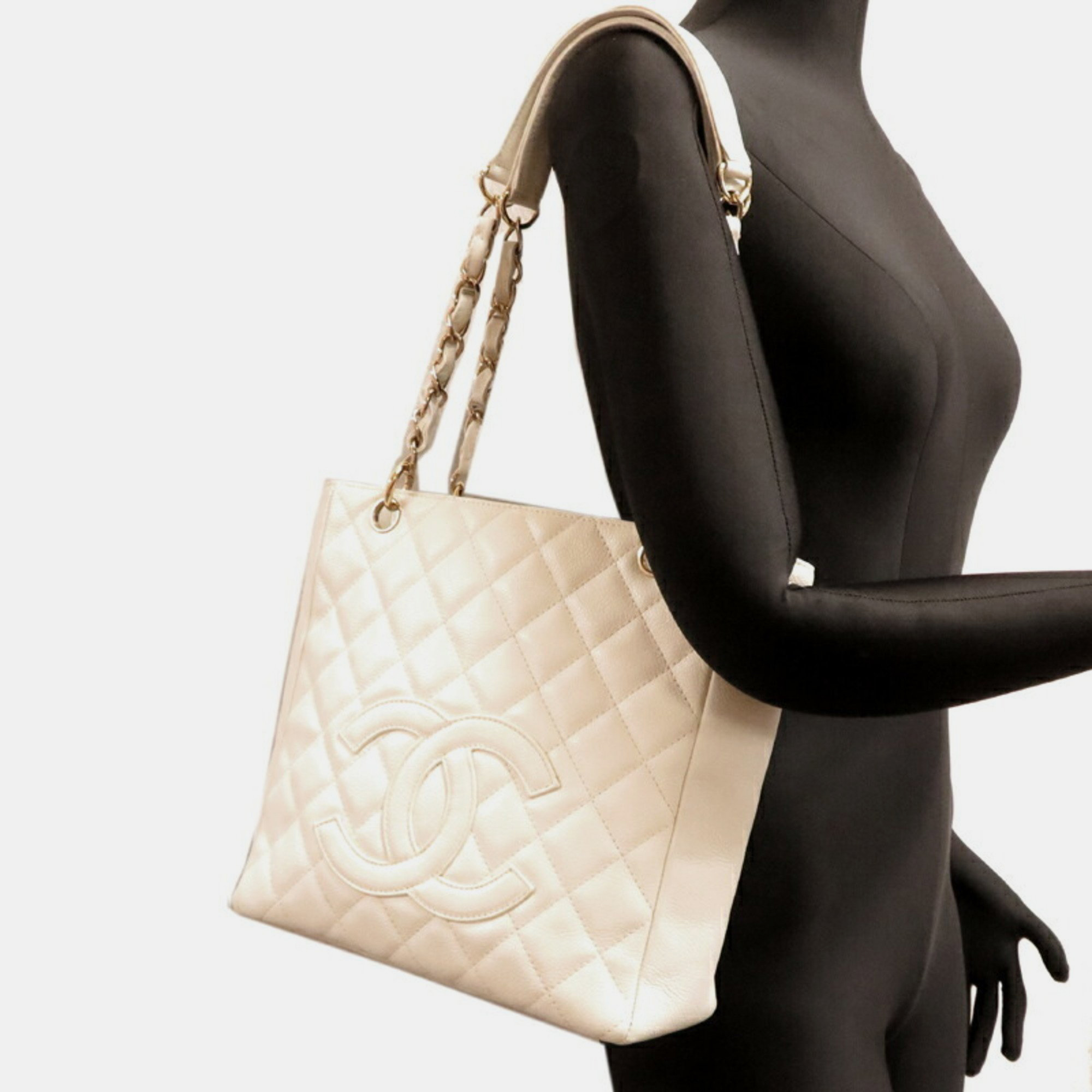 Chanel Caviar Skin White Seal PST Chain Tote  Bag