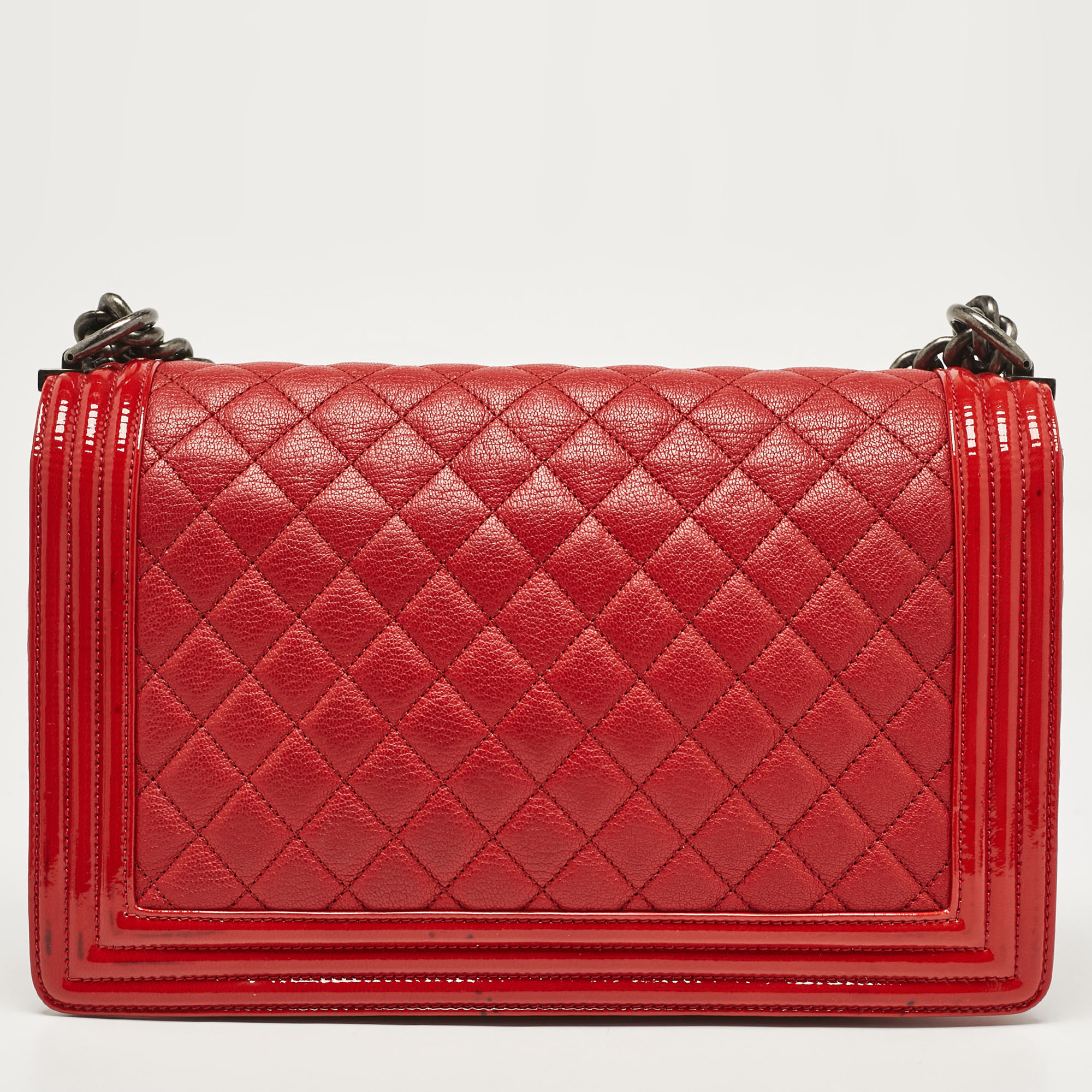 Chanel Red Quilted Patent And Leather New Medium Boy Bag