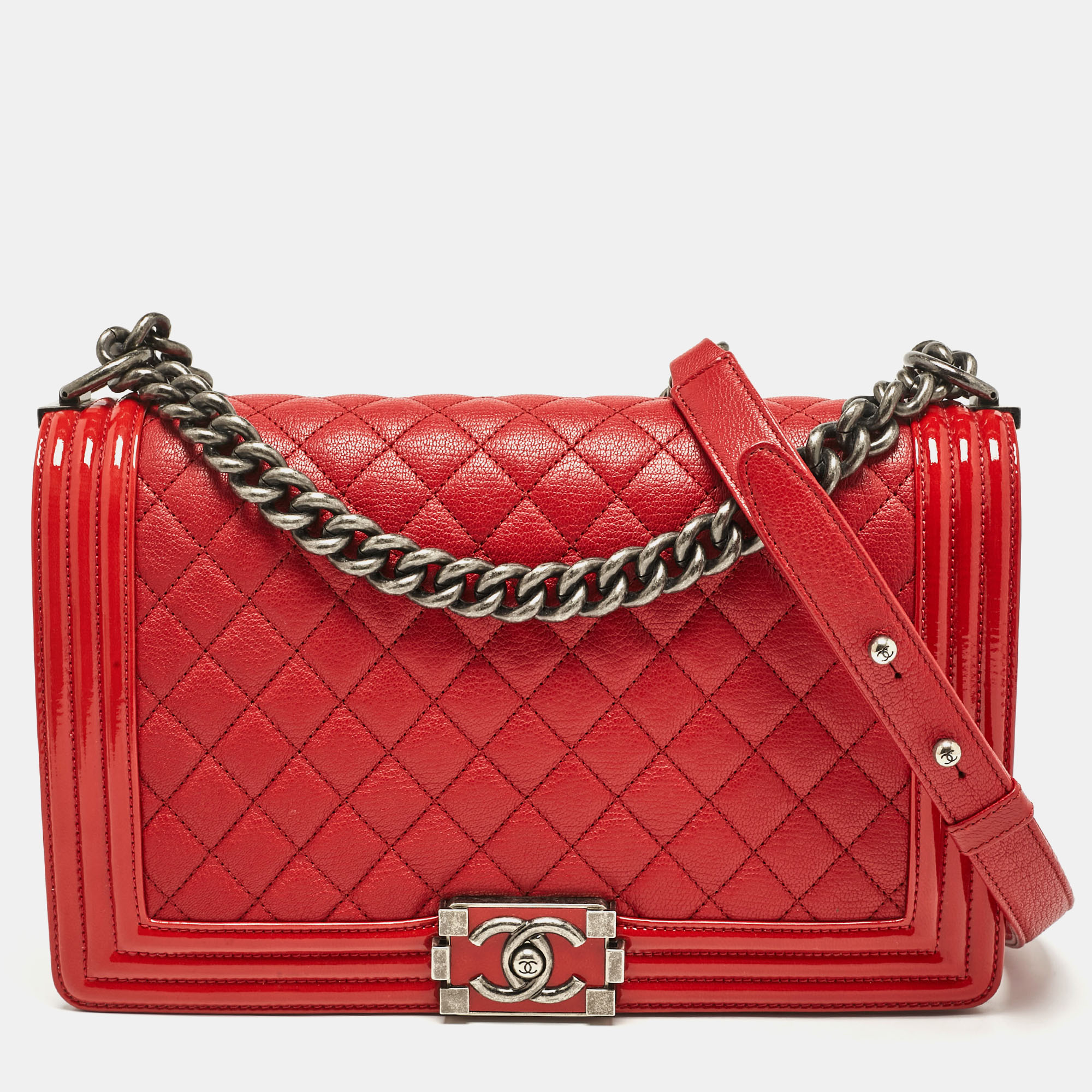 Chanel Red Quilted Patent And Leather New Medium Boy Bag