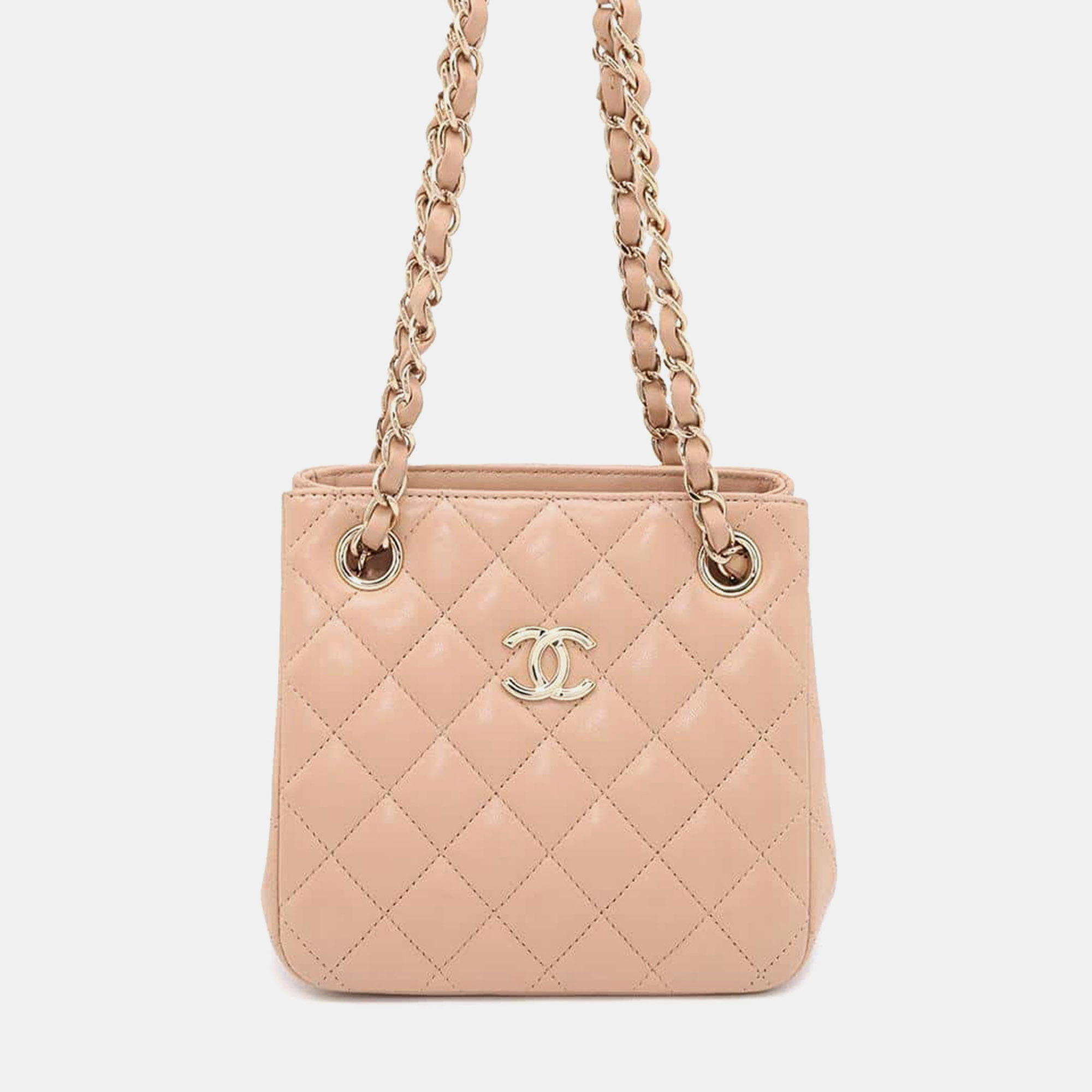 Chanel Beige Lambskin Matelasse Chain Bucket Shoulder Bag