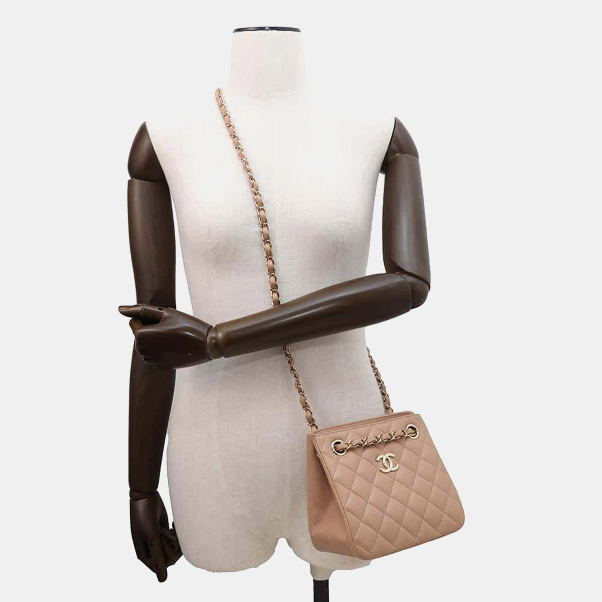 Chanel Beige Lambskin Matelasse Chain Bucket Shoulder Bag