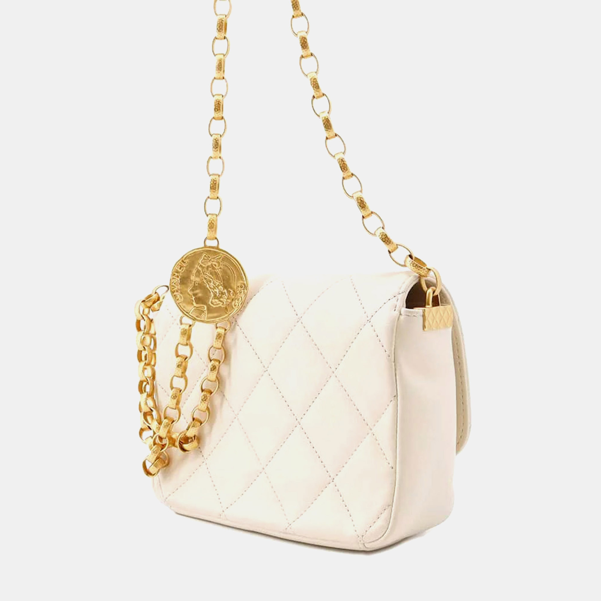 Chanel White Lambskin Matelasse Coin Motif Chain Shoulder Bag