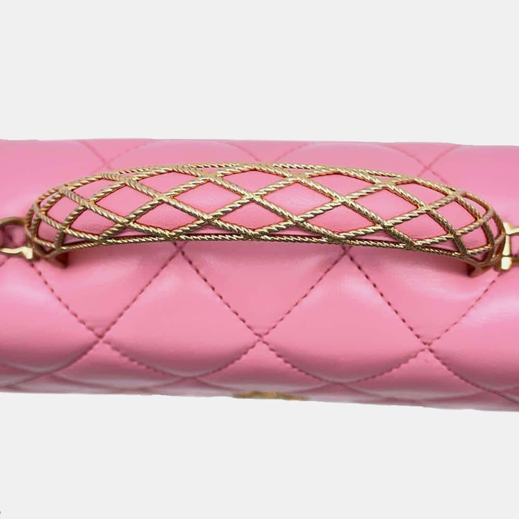 Chanel Pink Lambskin Matelasse Lambskin Top Handle Bag