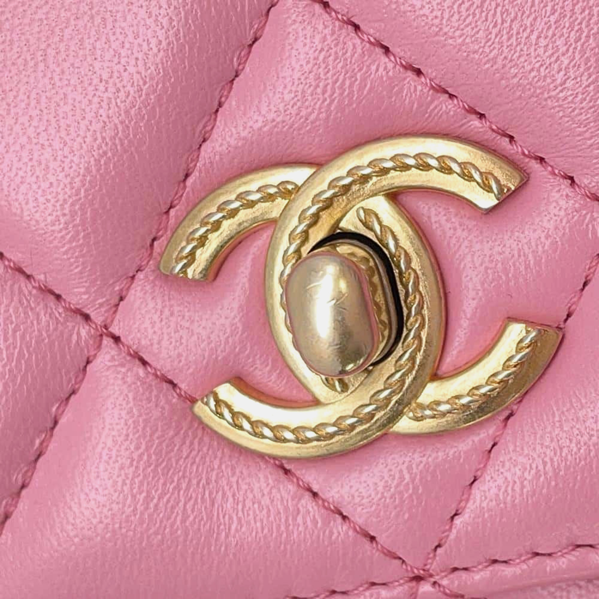 Chanel Pink Lambskin Matelasse Lambskin Top Handle Bag