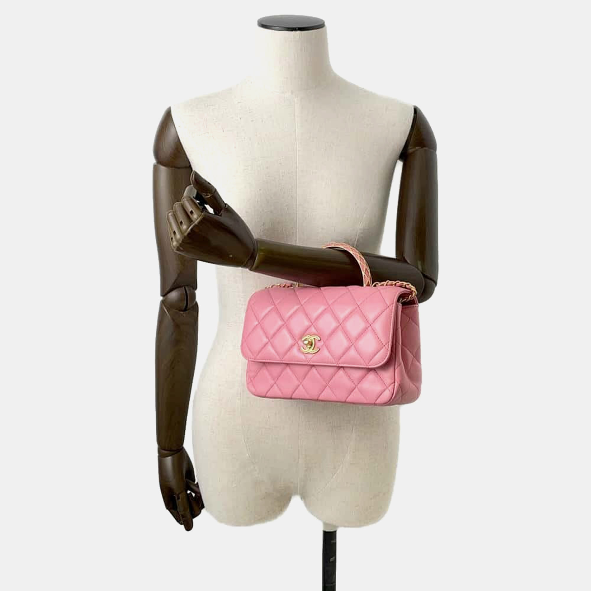 Chanel Pink Lambskin Matelasse Lambskin Top Handle Bag