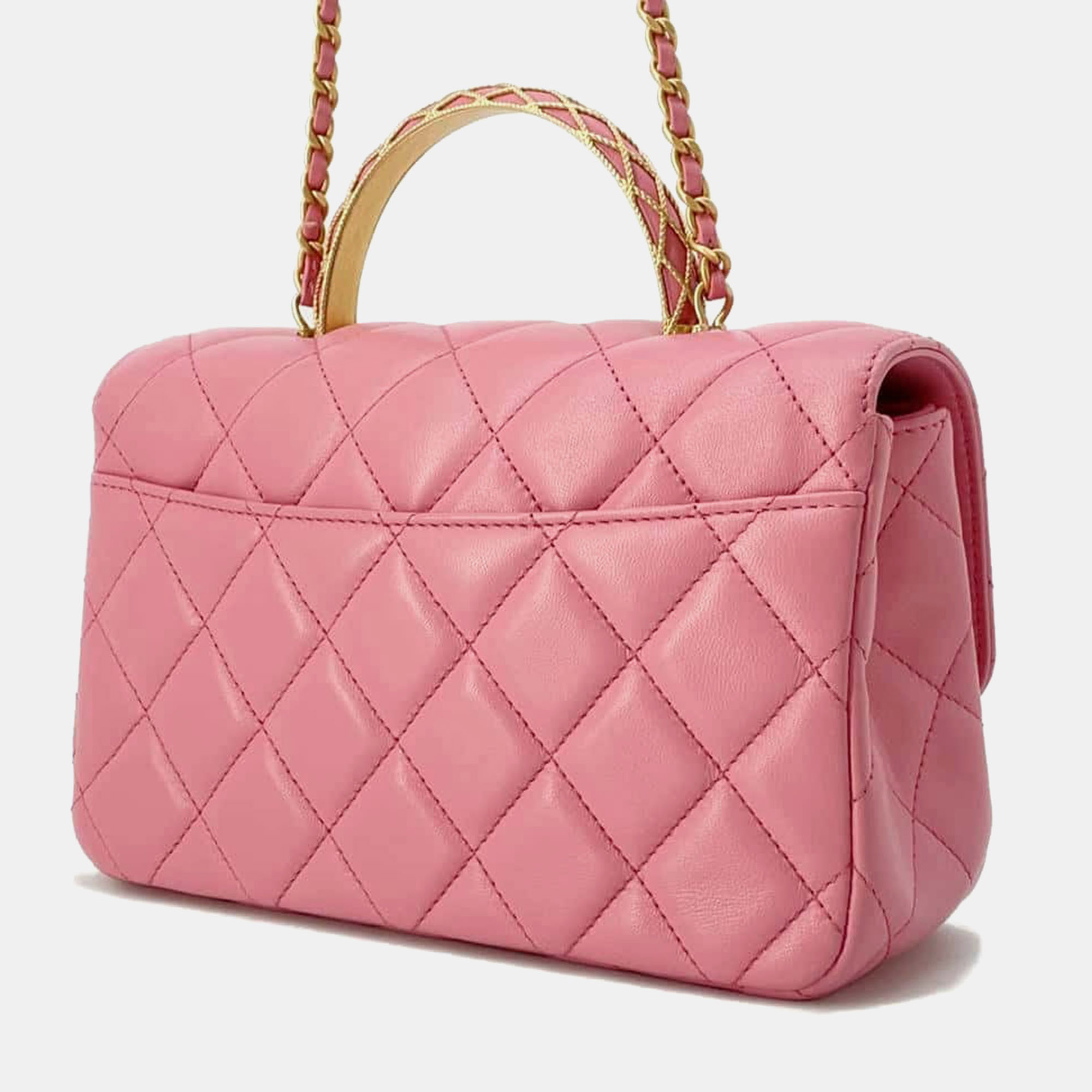 Chanel Pink Lambskin Matelasse Lambskin Top Handle Bag